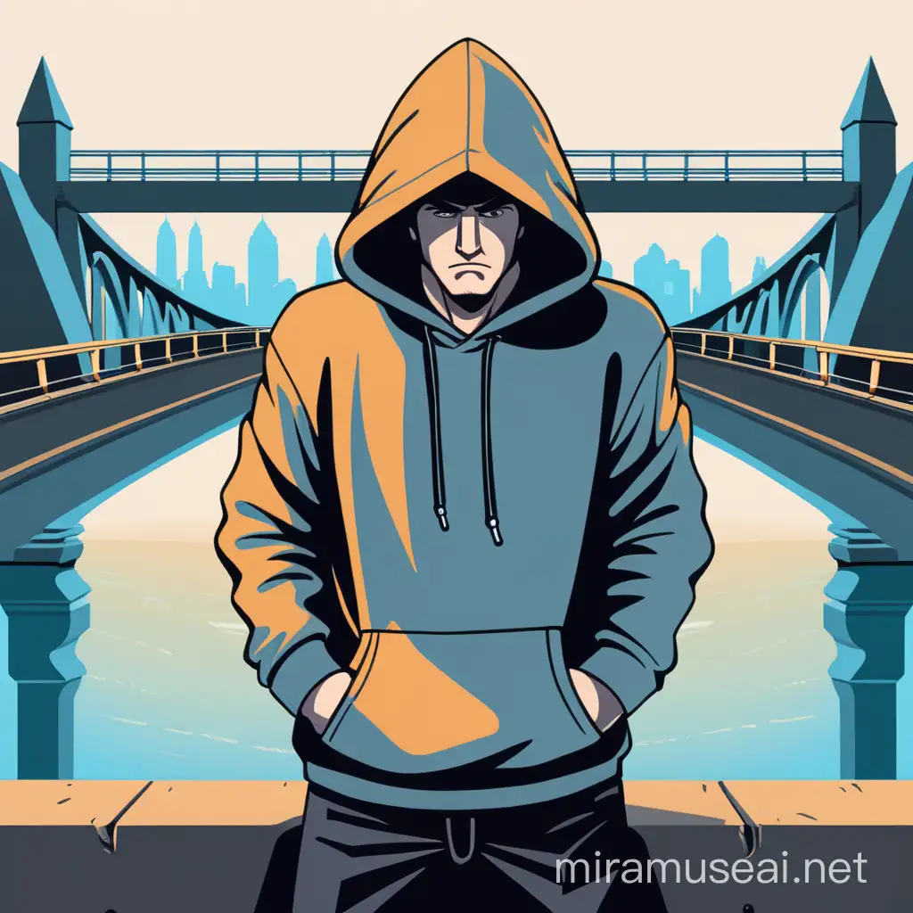 
man character, strong in a giant hooded sweatshirt, with one hand on top of the point on the left side, on the right side the other hand on top of another bridge, as if he was resting on them. vector