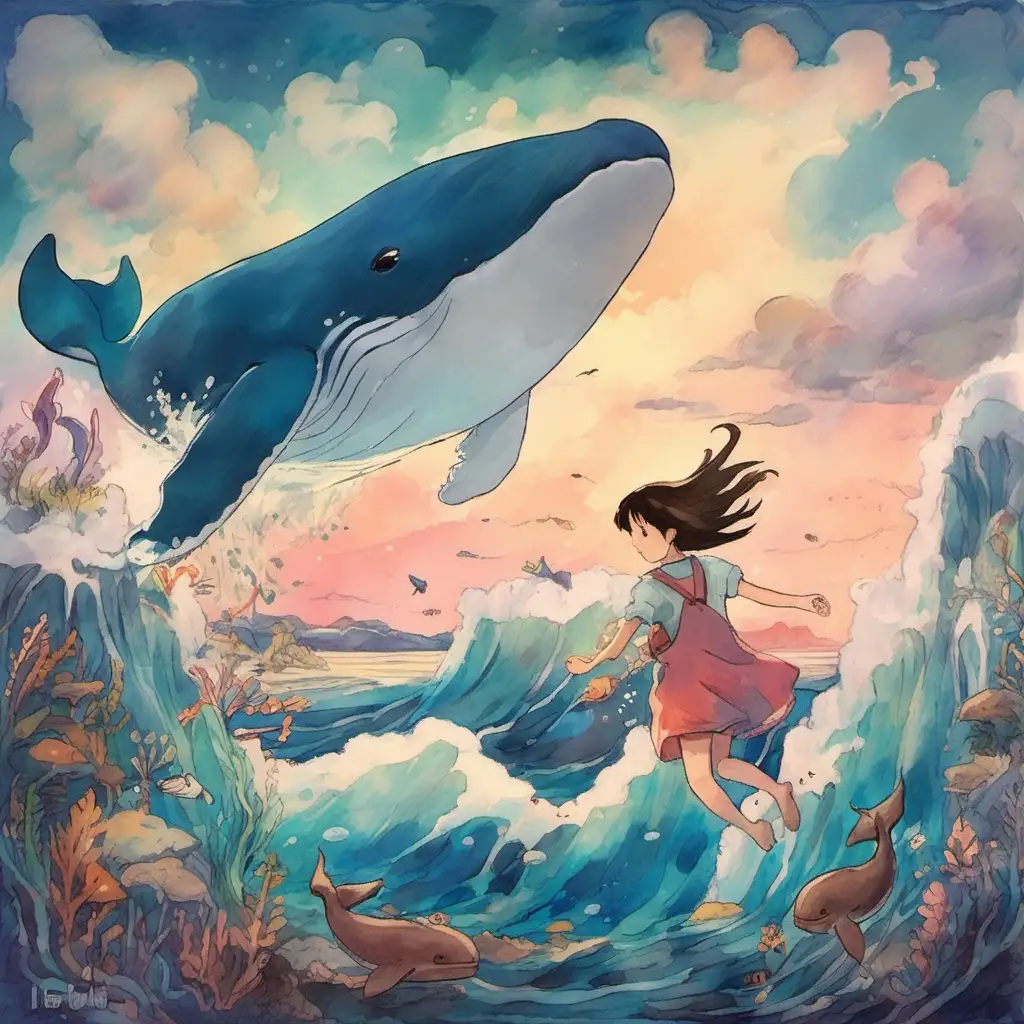 GhibliInspired Painting Enchanting Scene of a Girl Playing with a Whale