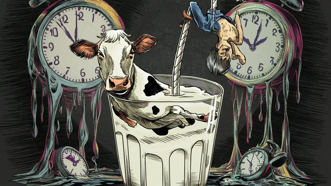 Surreal Scene Cow Swimming in Milk Glass with Melting Clocks