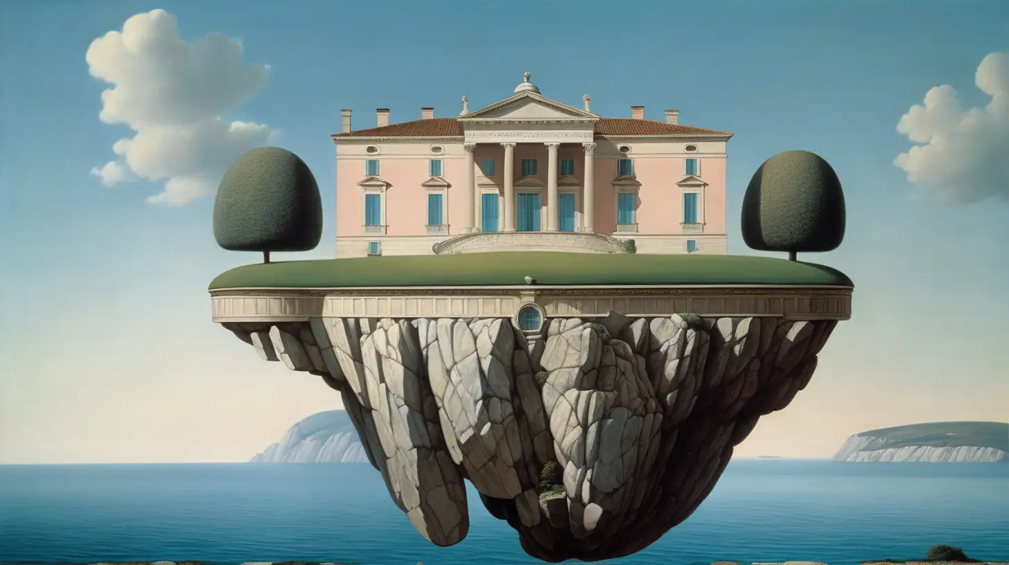 villa paladienne sur un rocher flottant dans les airs au-dessus de l'ocean, style magritte