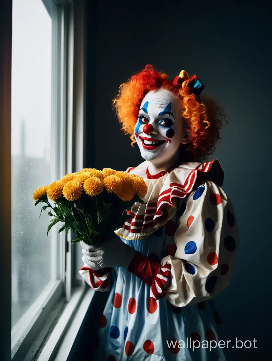On rainy days, a female clown stands indoors by the dim window, smiling while holding flowers.