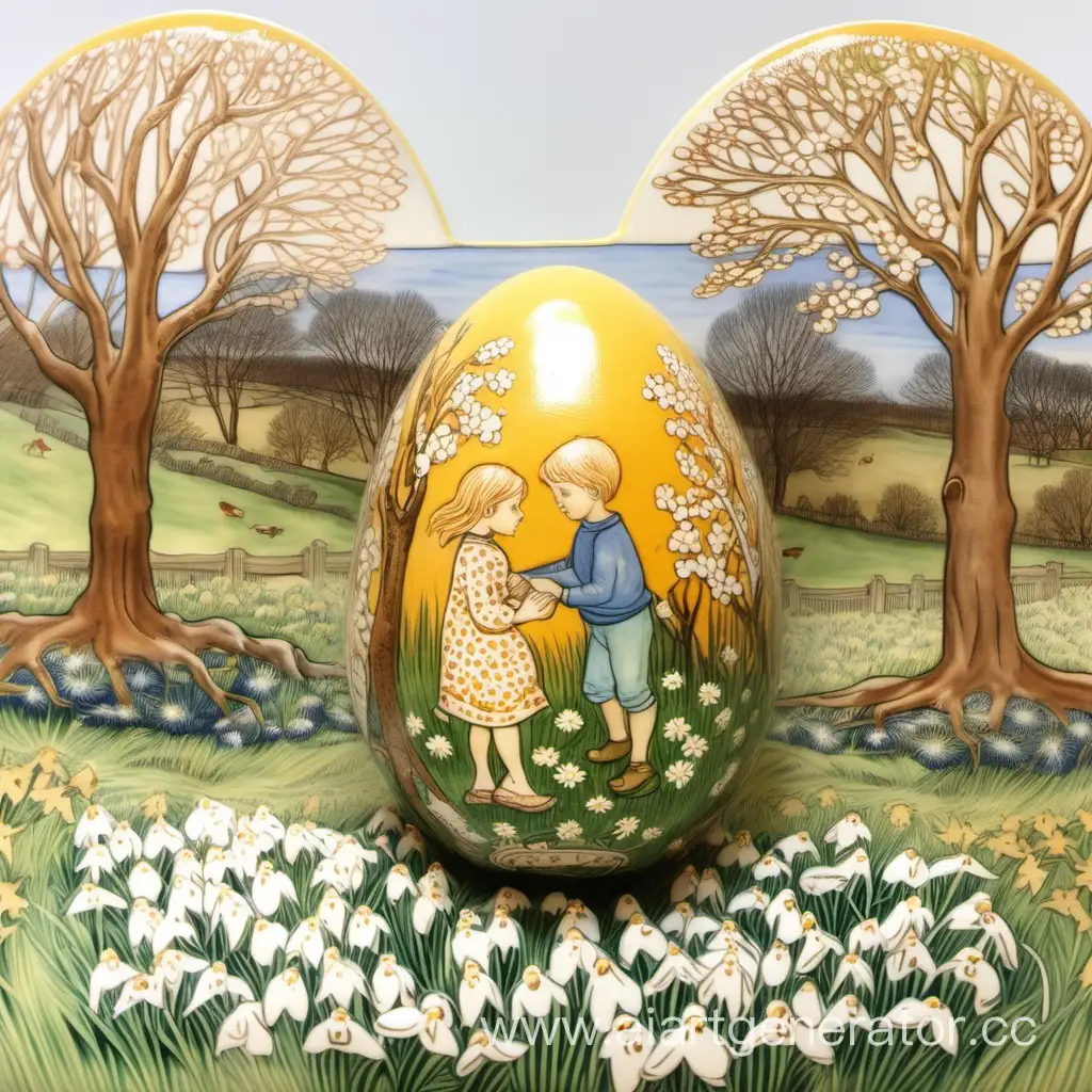 Ceramic Easter egg, showing a boy and a girl playing in a field of golden viva and snowdrops. Painting inspired by Elsa Beskow