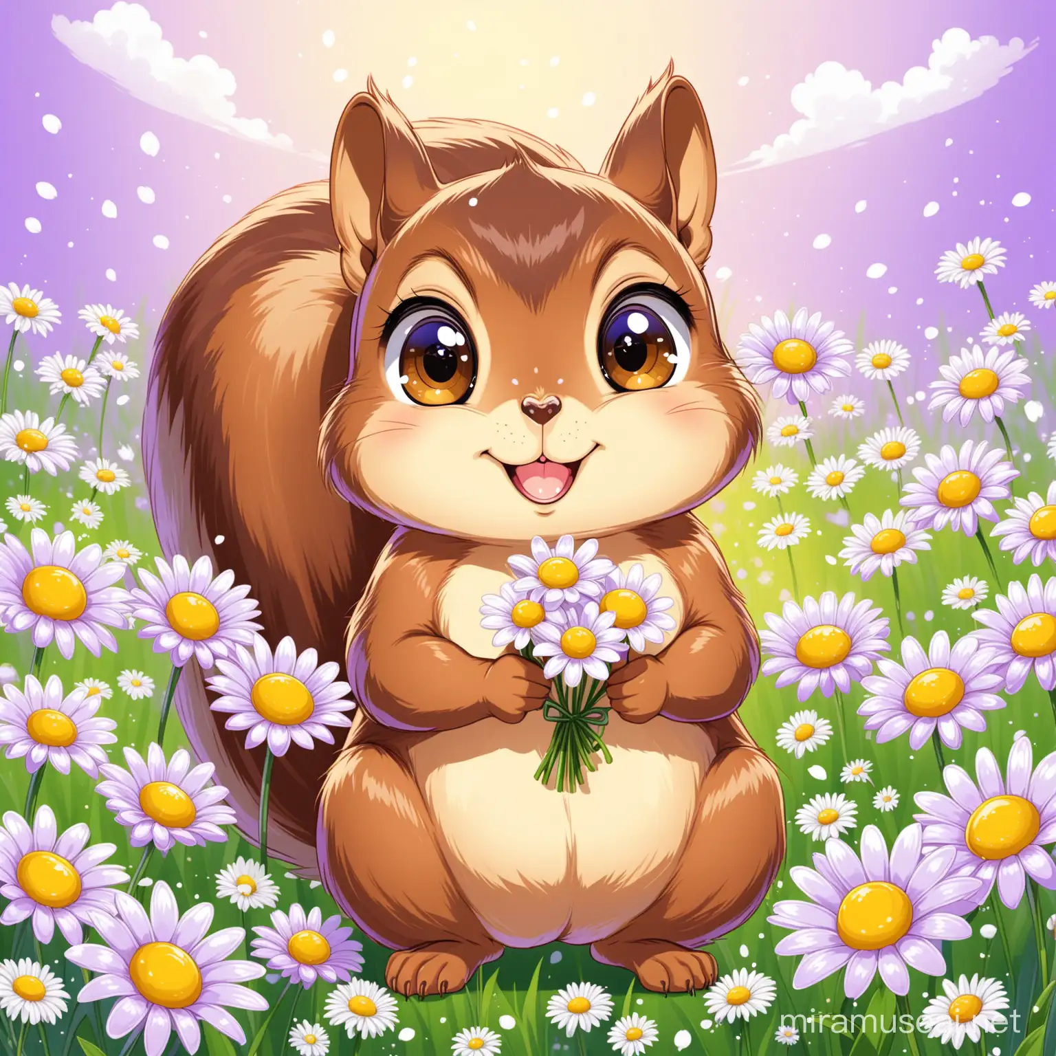 Big eyed squirrel with big cheeks holding daisies in a field of daisies  lavender background 