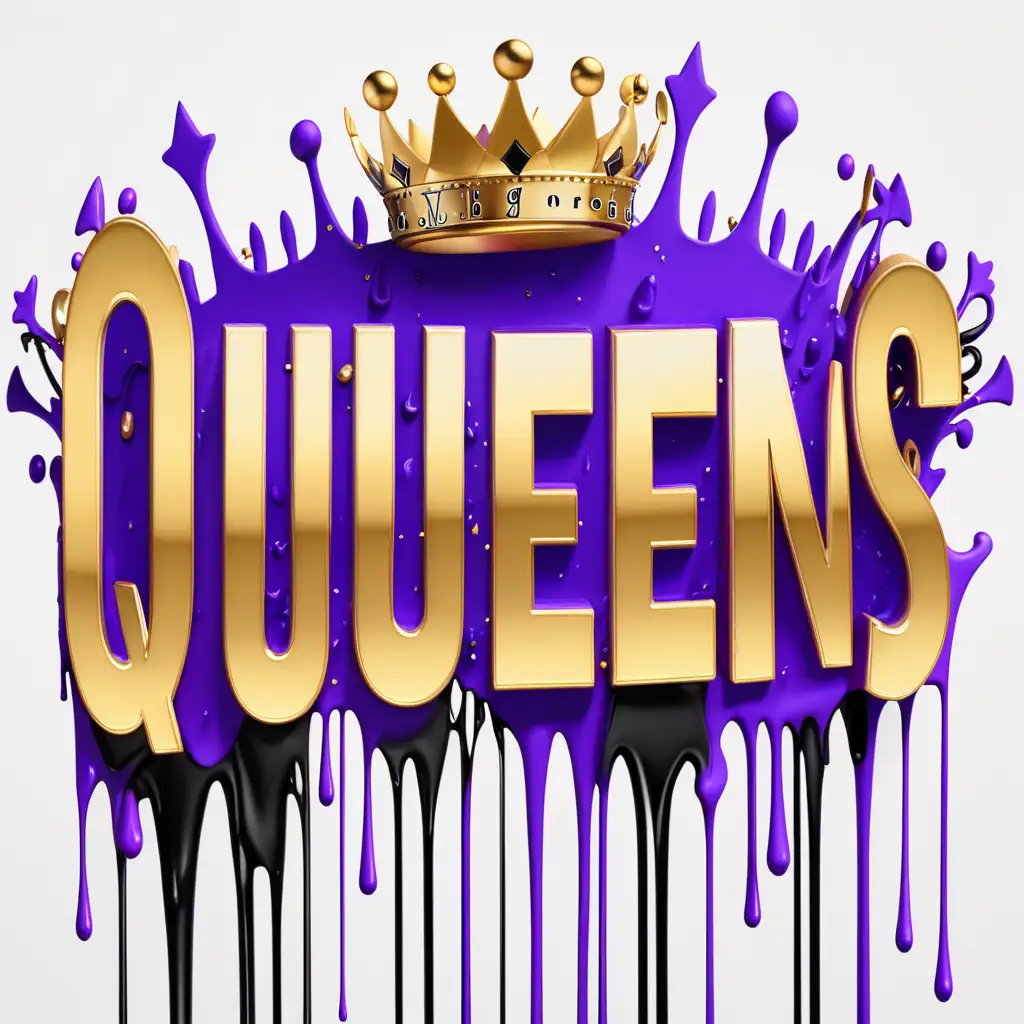 Create a giant 3D with the floating name Queens of Lene written in purple, gold, black, and white, dripping paints, colorful dripping purple, gold, black, and white paint, with lots of floating musical notes and crowns