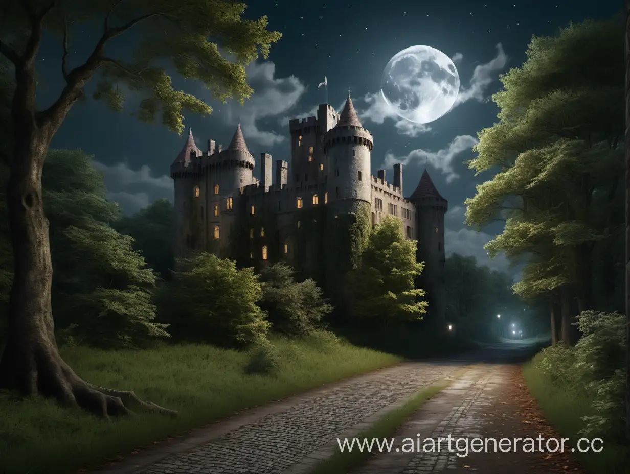 В лесу возле старого английского замка, на улице вечереет, на небе луна. Высокое качество, фотореализм
