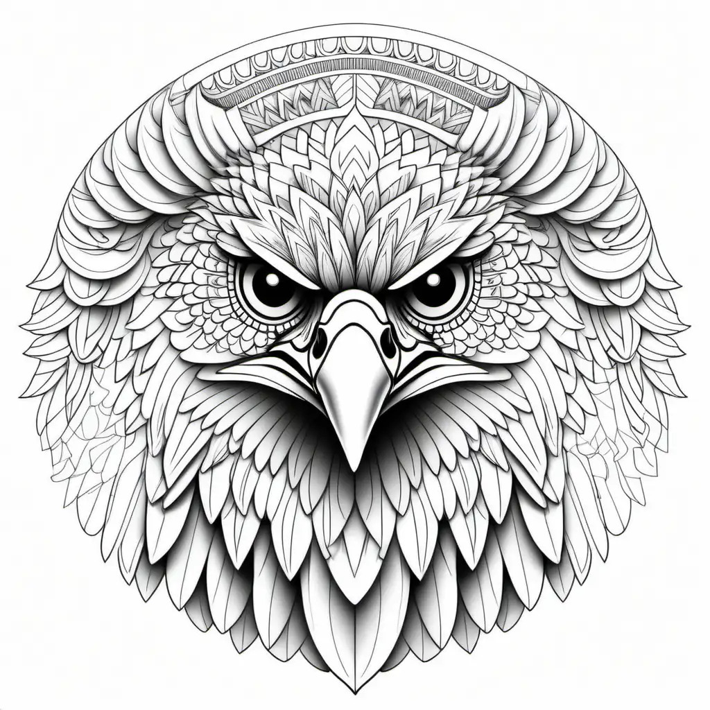 coloring page for adults, mandala, eagle face , white background, clean line art, fine line art 
