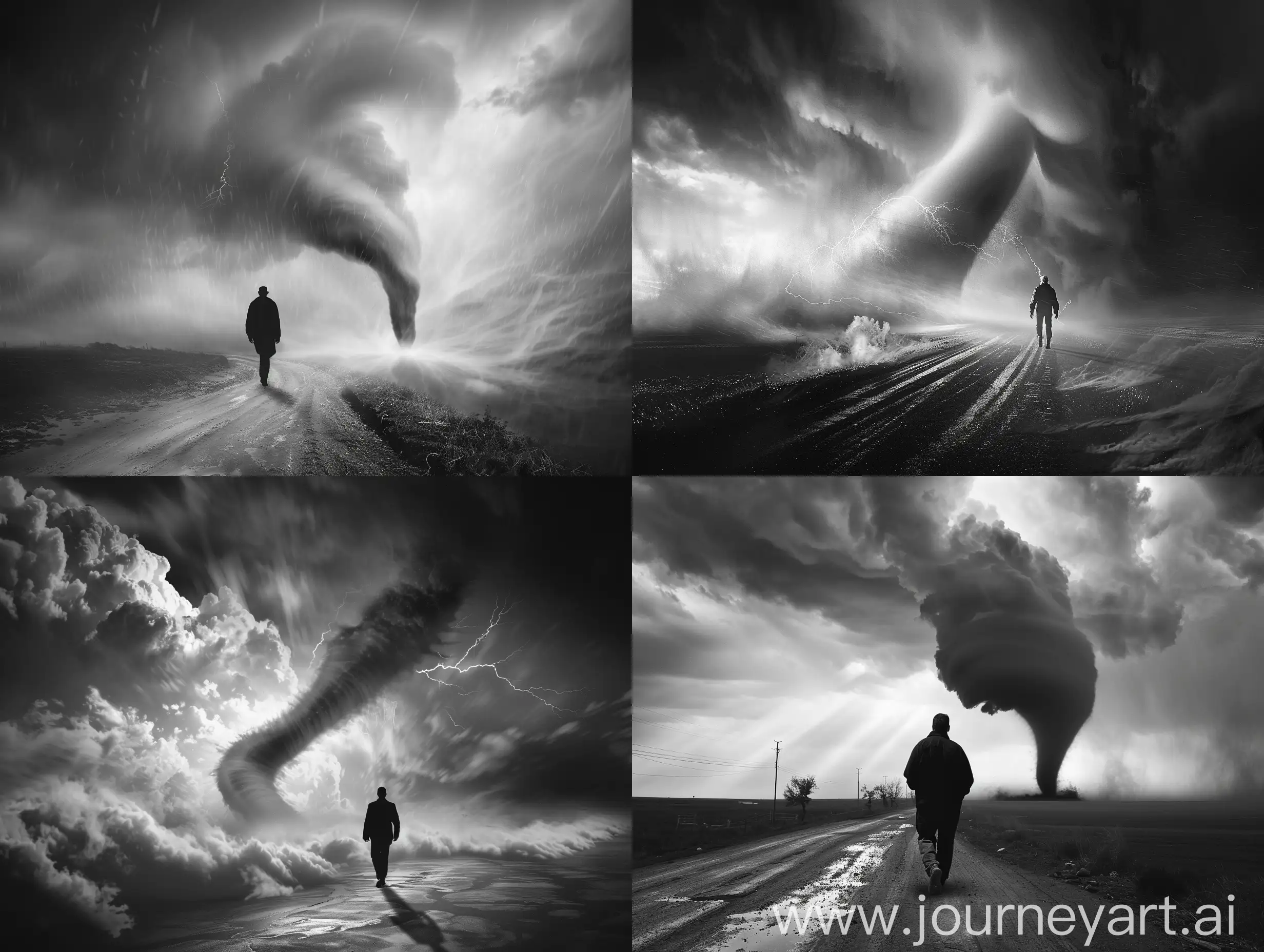 Dramatic-Black-and-White-Scene-Man-Walking-Towards-Camera-with-Distant-Tornado