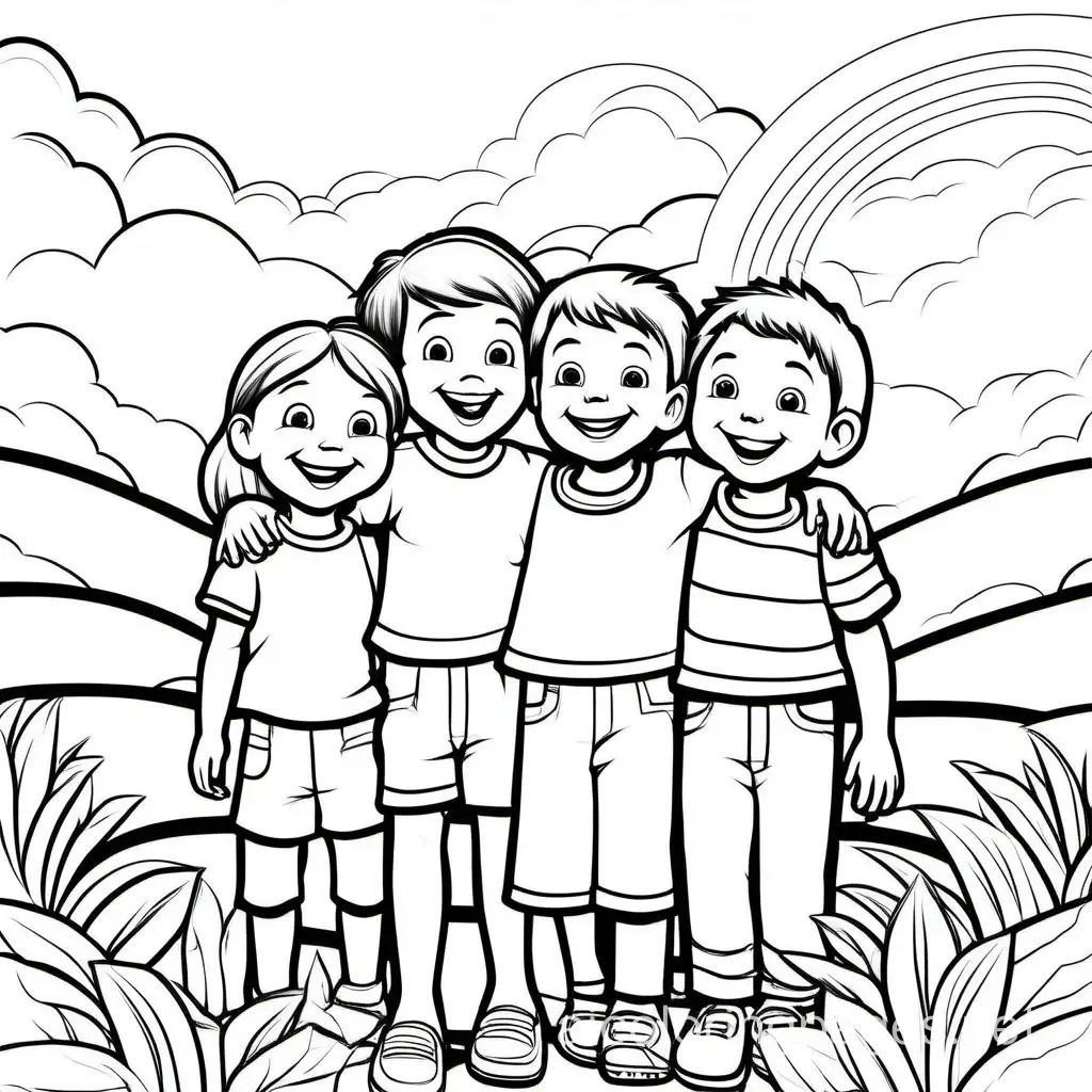 children smiling and enjoying God's creation

, Coloring Page, black and white, line art, white background, Simplicity, Ample White Space. The background of the coloring page is plain white to make it easy for young children to color within the lines. The outlines of all the subjects are easy to distinguish, making it simple for kids to color without too much difficulty