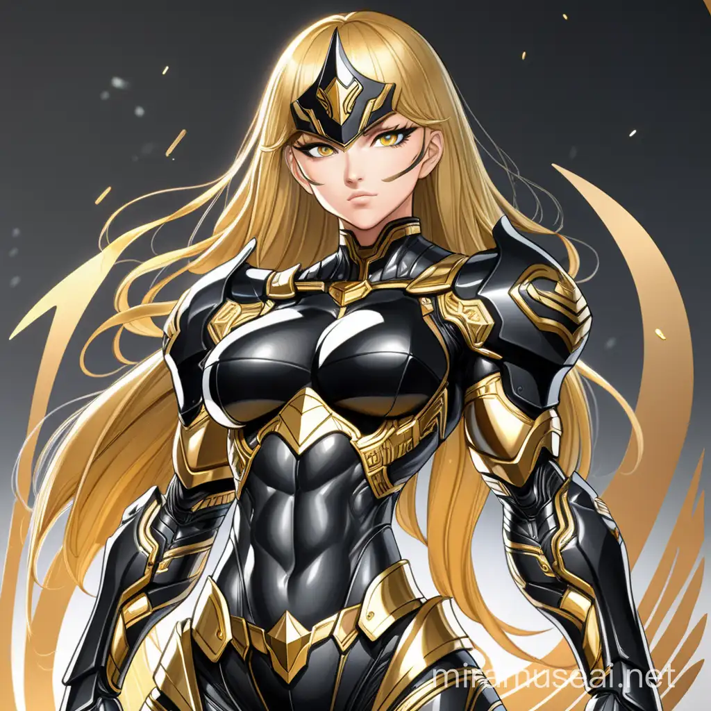 Аниме арт с красивой мускулистой девушкой супер злодеем в черной броне с золотыми вставками 

