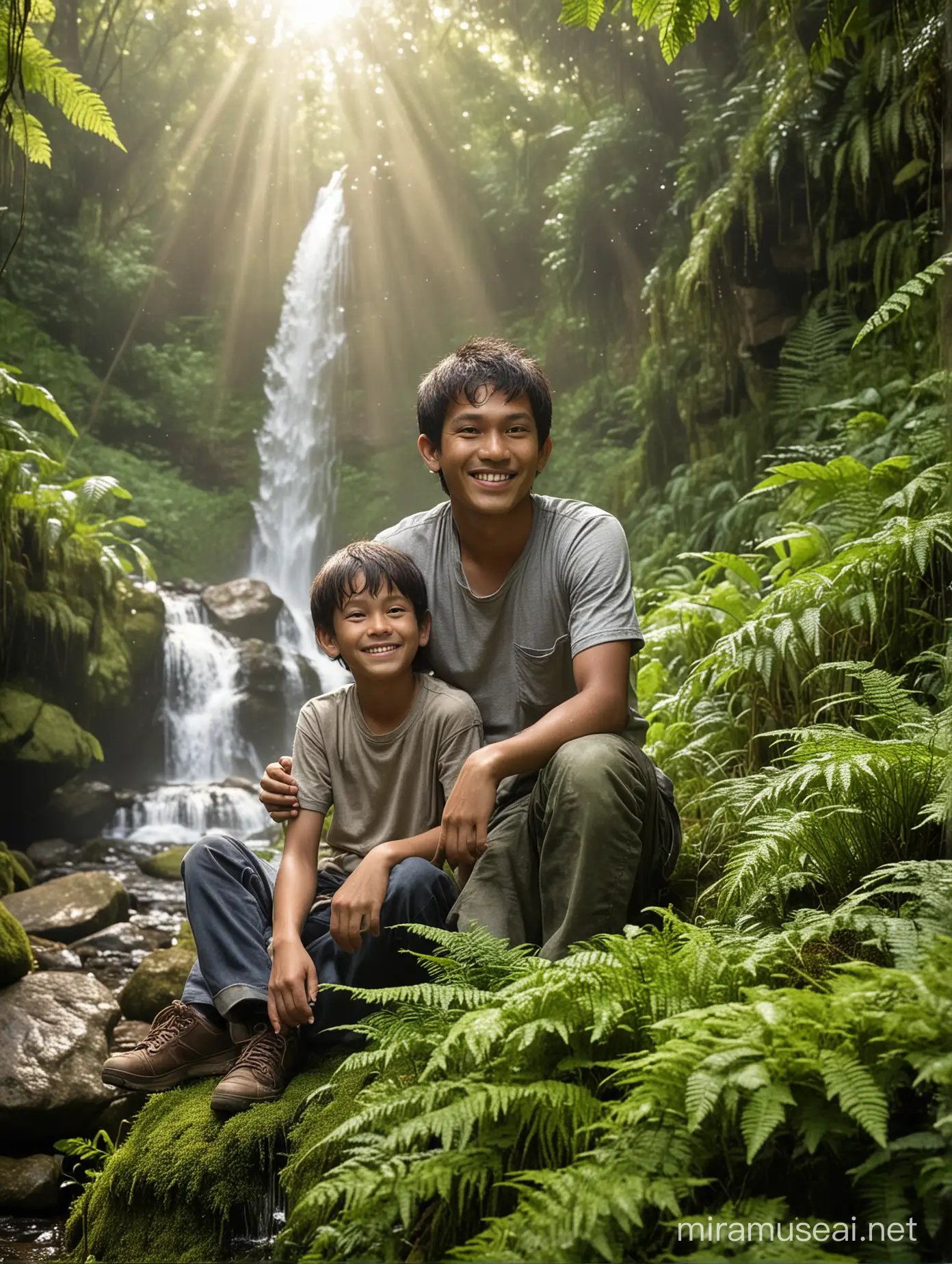 30 year old Indonesian young man sitting with his 10 year old boy on a rock facing the front camera while smiling in the middle of a forest filled with sunlight, sunlight penetrating between the leaves. Delicate dewdrops cling to ferns and wildflowers. In the background, a mystical waterfall cascades down moss-covered rocks, and mist rises into the air. High resolution, high realism.