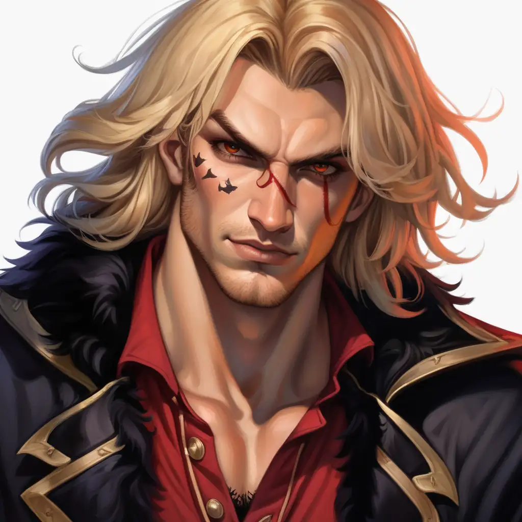 an evil, ugly, tall male pirate in his twenties with shoulder length blond wavy hair, brown eyes, broad asymmetrical face, tan skin, and a big scar along his left cheek. He is wearing a red shirt, black pants and a black fur coat.