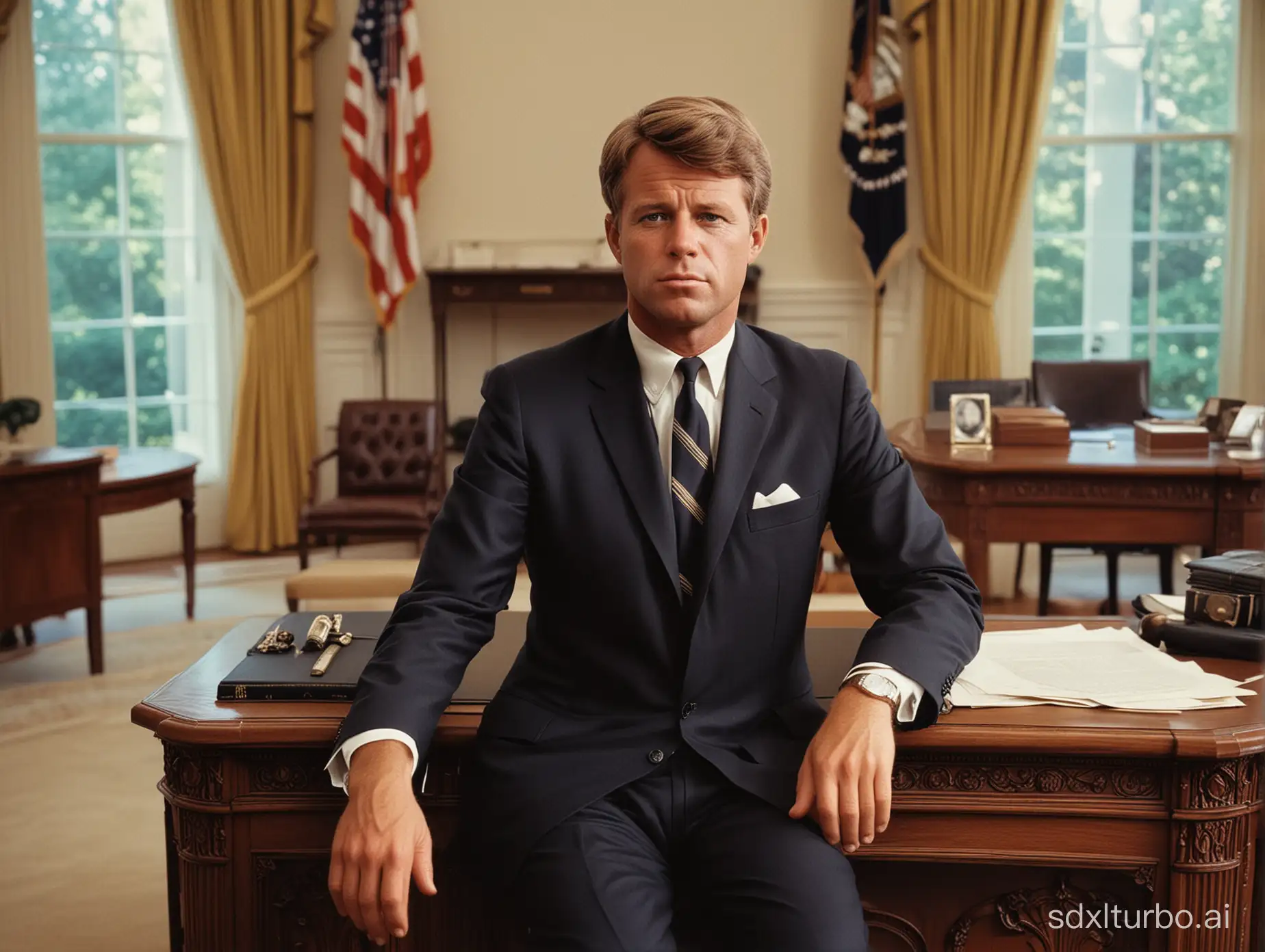 Robert F Kennedy in a fine 1960s era suit sitting as president an photo extremely photo realistic rendering is sitting in the Whitehouse Oval office of the whitehouse.