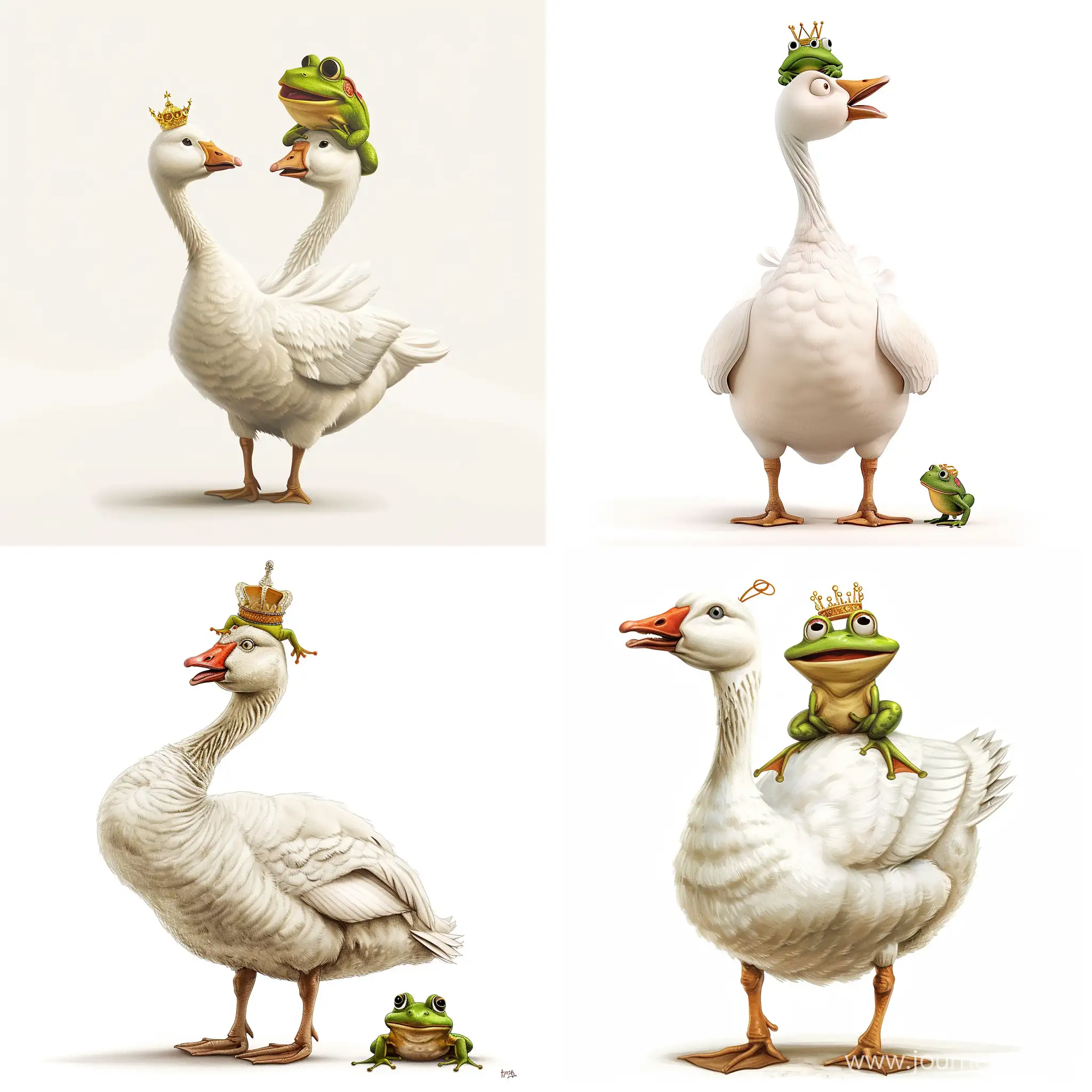 A white goose standing and talking to a frog, on his head, who has a small golden crown, on a white background, in the style of a caricature