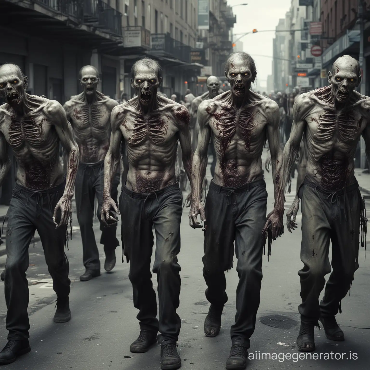 Zombies walking in city, scary, deformed bodies, ugly, eerie, haunting, dark, sharp image
