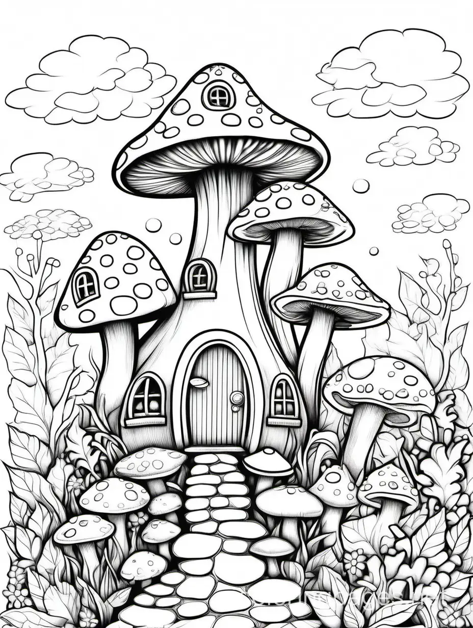 mushroom house, space white background, coloring page, clean line art, adults drawing book, Black and white only, crisp black lines, sharp lines, coloring page for adults, black and white picture, Coloring Page, black and white, line art, white background, Simplicity, Ample White Space. The background of the coloring page is plain white to make it easy for young children to color within the lines. The outlines of all the subjects are easy to distinguish, making it simple for kids to color without too much difficulty