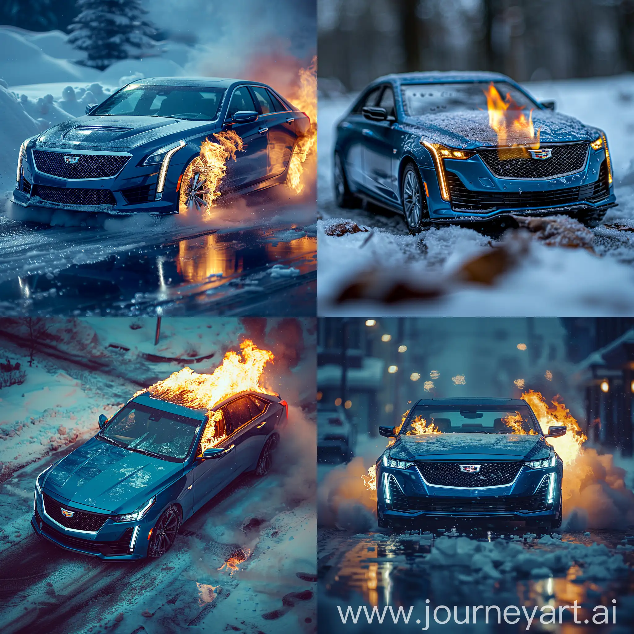 A Blue Cadillac CT5 is Burning in the Middle of the Snow, Oblique Angle Photography, Realistic Light Reflections, Smooth and Sharp, Dreamy Theme, Cinematic Photography, Extremely Details, High Quality --s 500 