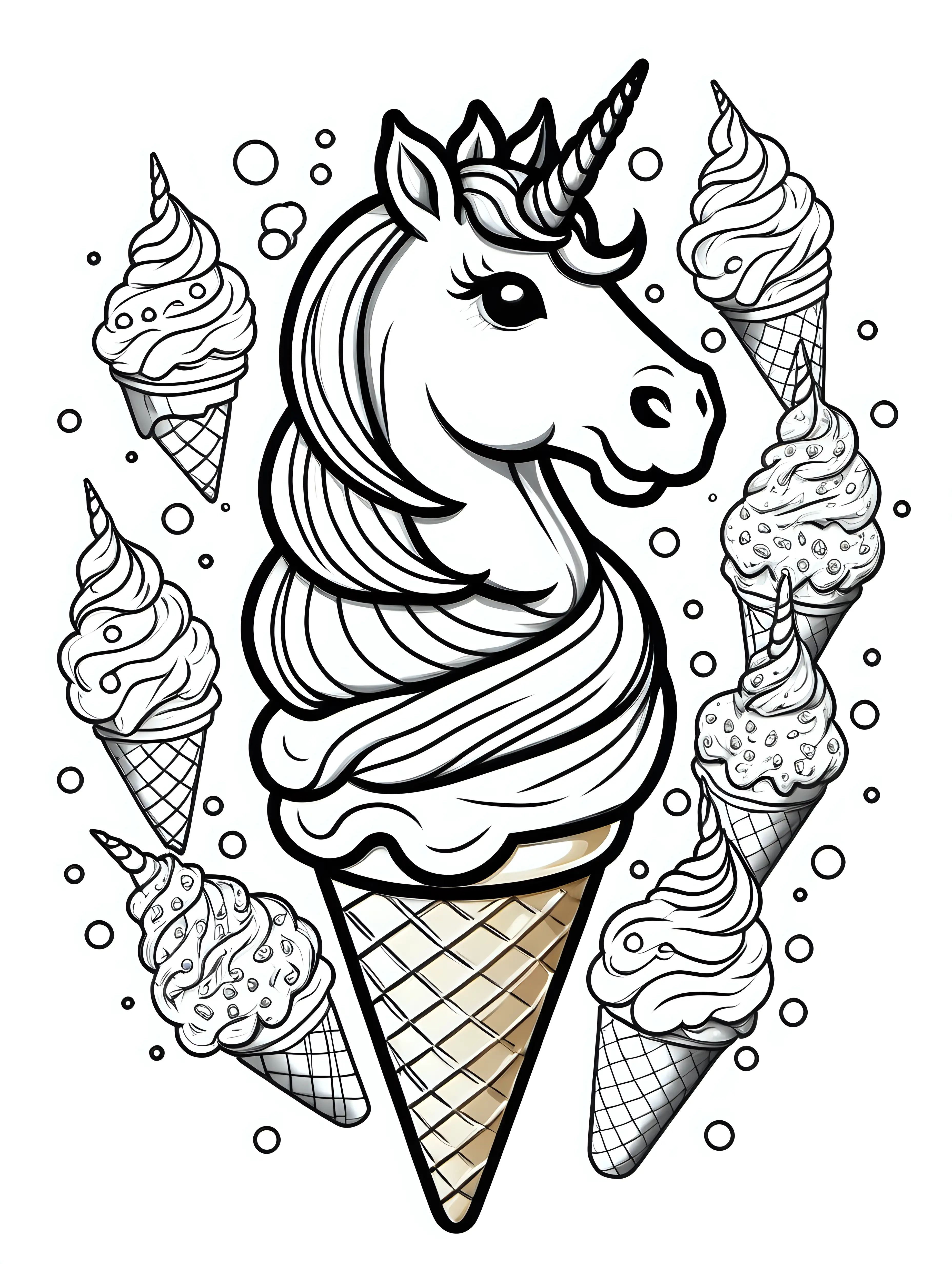 create a coloring page of a unicorn in an icecream, black outlines, no shading
