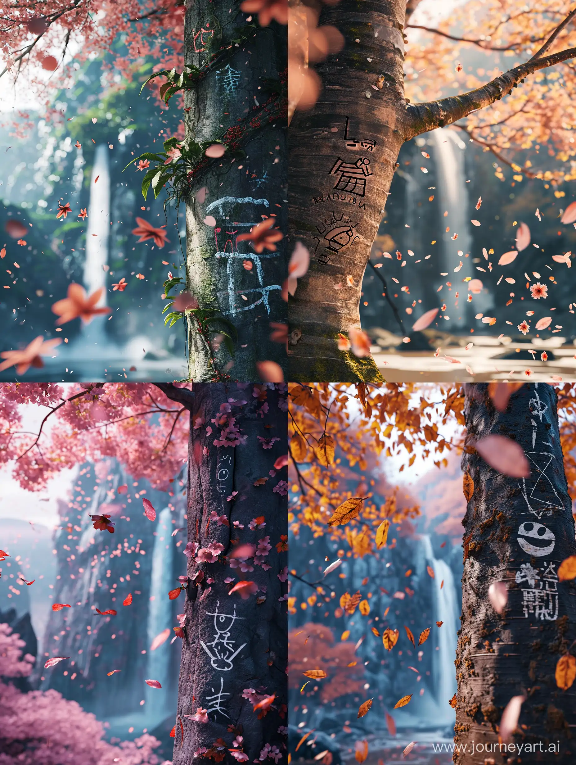 Sakura tree, Emoji 🗿 scratched on a tree, sakura leaves are falling, a waterfall is in the background in the distance, far view, shot from the movie, cinematic, photorealistic, ultra-detailed, 4k