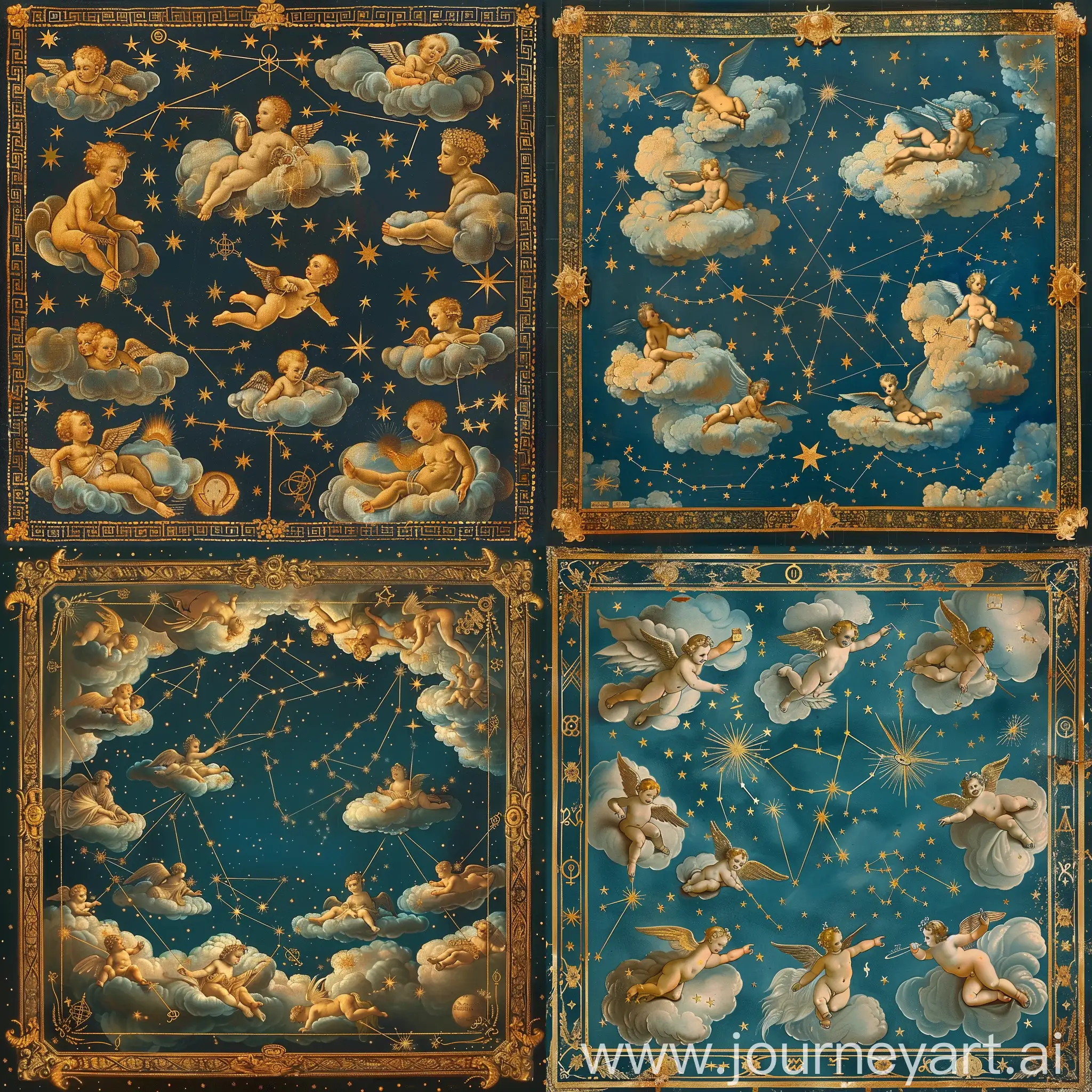 sky in the style of a baroque painting, stars are painted with gold paint, gods, clouds, little angels, zodiacal star constellations, framed with golden lines and zodiac symbols
