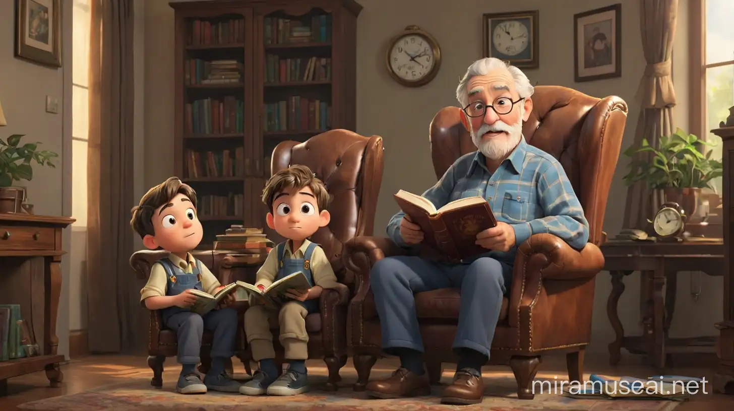 one grandpa, one grandson, in the house, chair, book, clock, cantoon