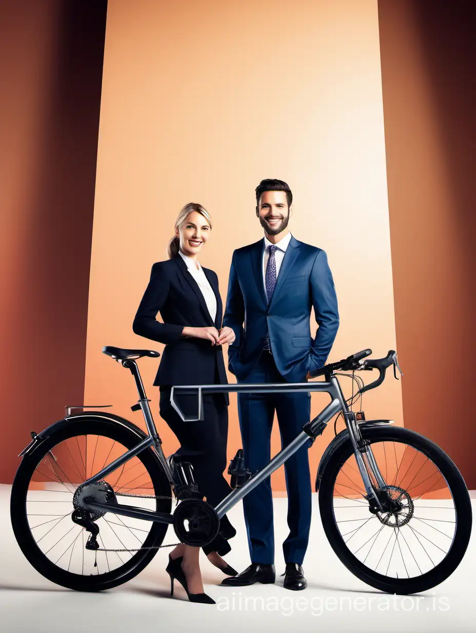 Product photography of, Bicycle Rental , in background, a front shot of two attractive owners smiling, one male in a suit, one female in a professional dress, In the front of Bicycle Rental, geometric composition, bright lighting, minimal style, ultra high definition