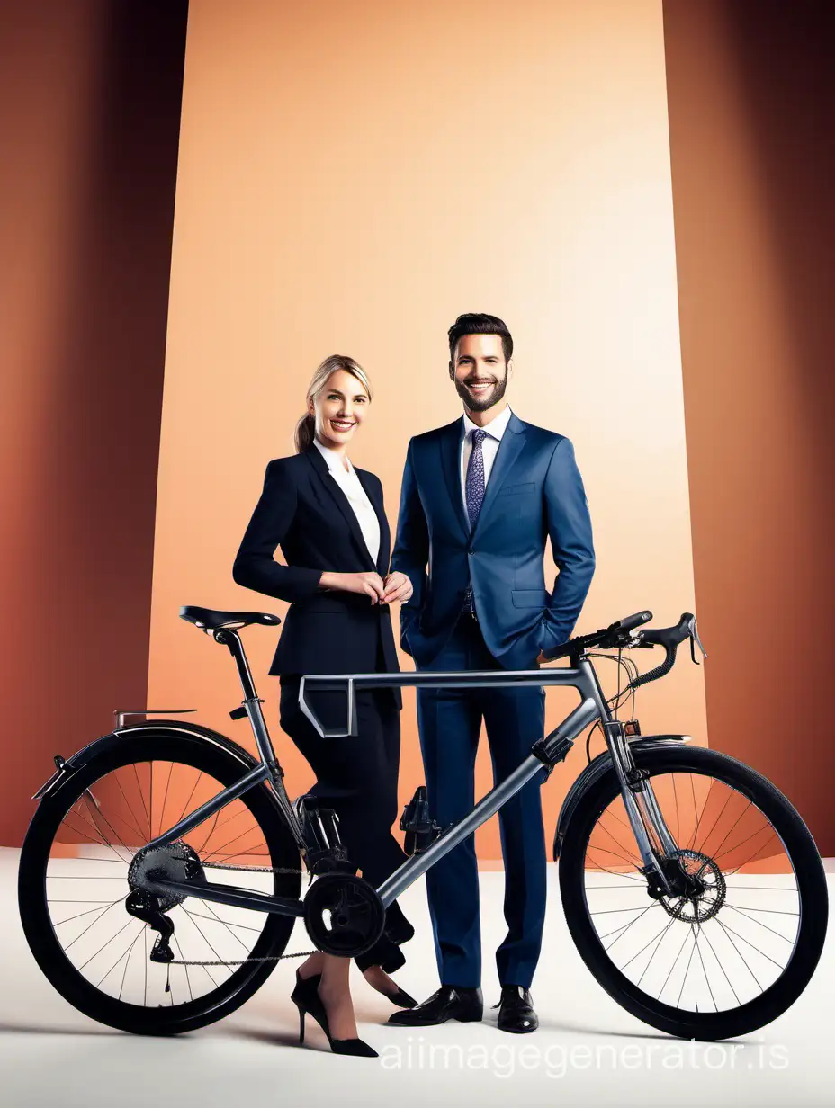 Product photography of, Bicycle Rental , in background, a front shot of two attractive owners smiling, one male in a suit, one female in a professional dress, In the front of Bicycle Rental, geometric composition, bright lighting, minimal style, ultra high definition
