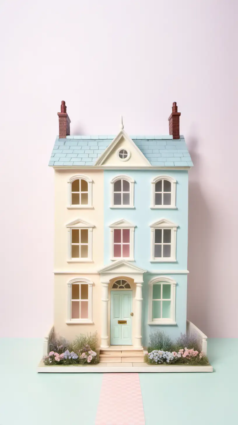 Plain background, pastel colours, dolls house from the outside