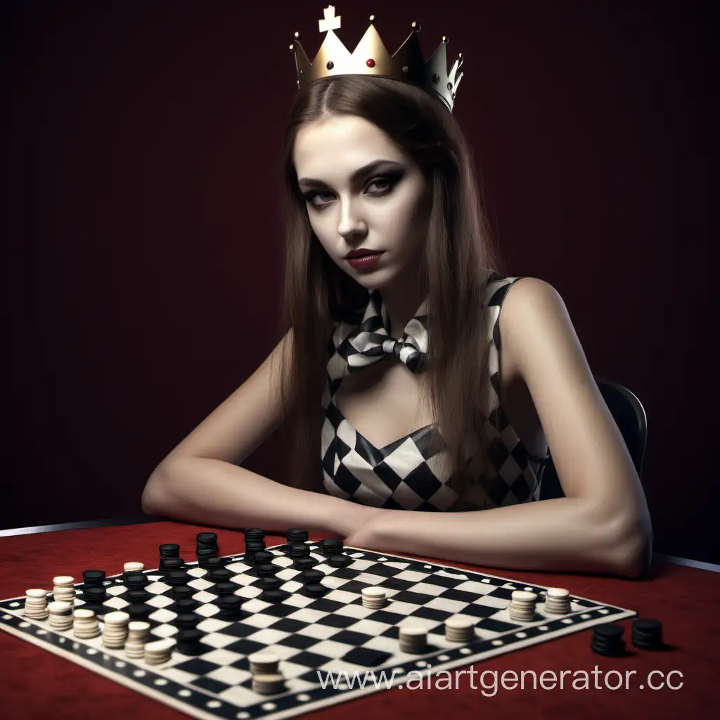 Королева шашек. Девушка дамка сидит за игральным столом как королева
