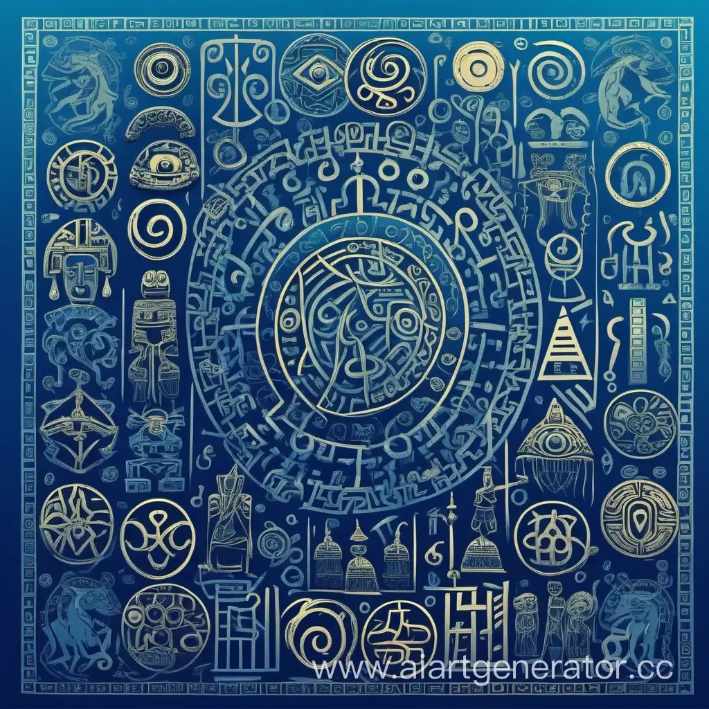 Синий фон с узорами на катором всякие древние знаки