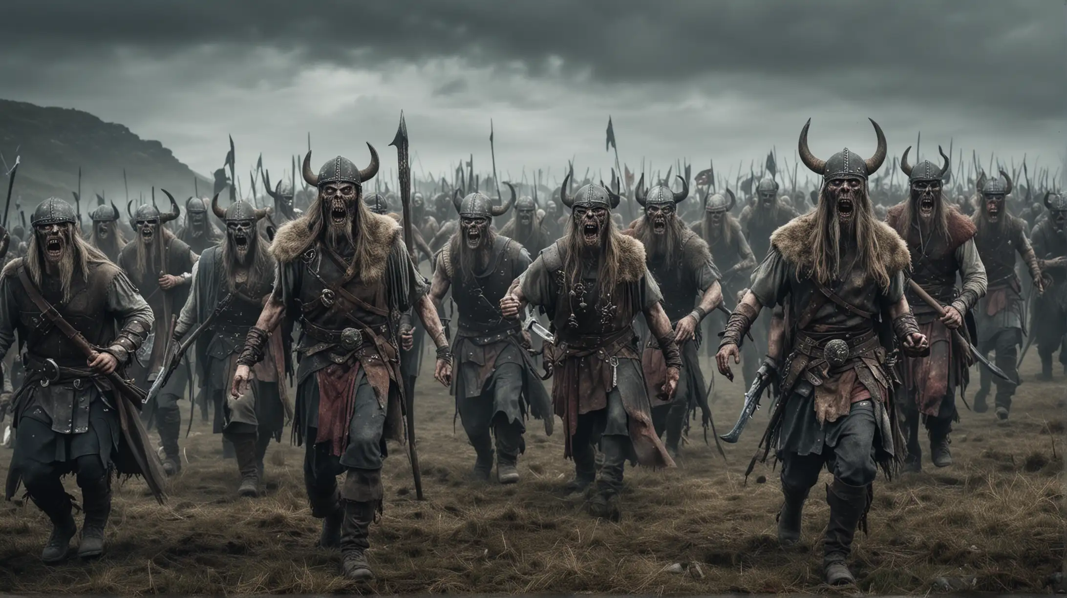 Grim Undead Zombie Horde Confronts Viking Warriors in Epic Battle
