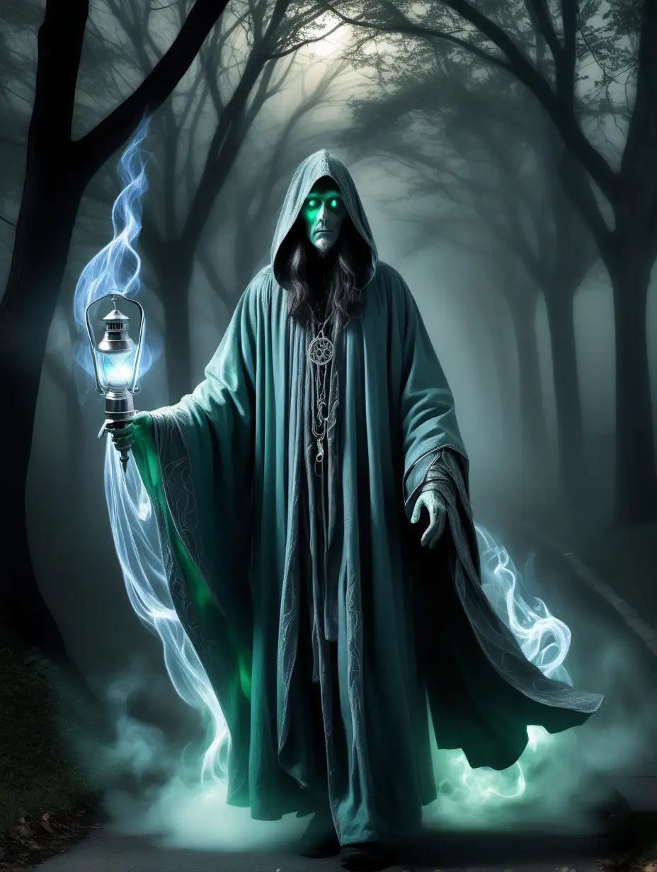 techno wizard ghost whisperer, gray cloak inlaid with silver warding marks, ethereal world giving a haunting green blue mist all around them, gas lamp