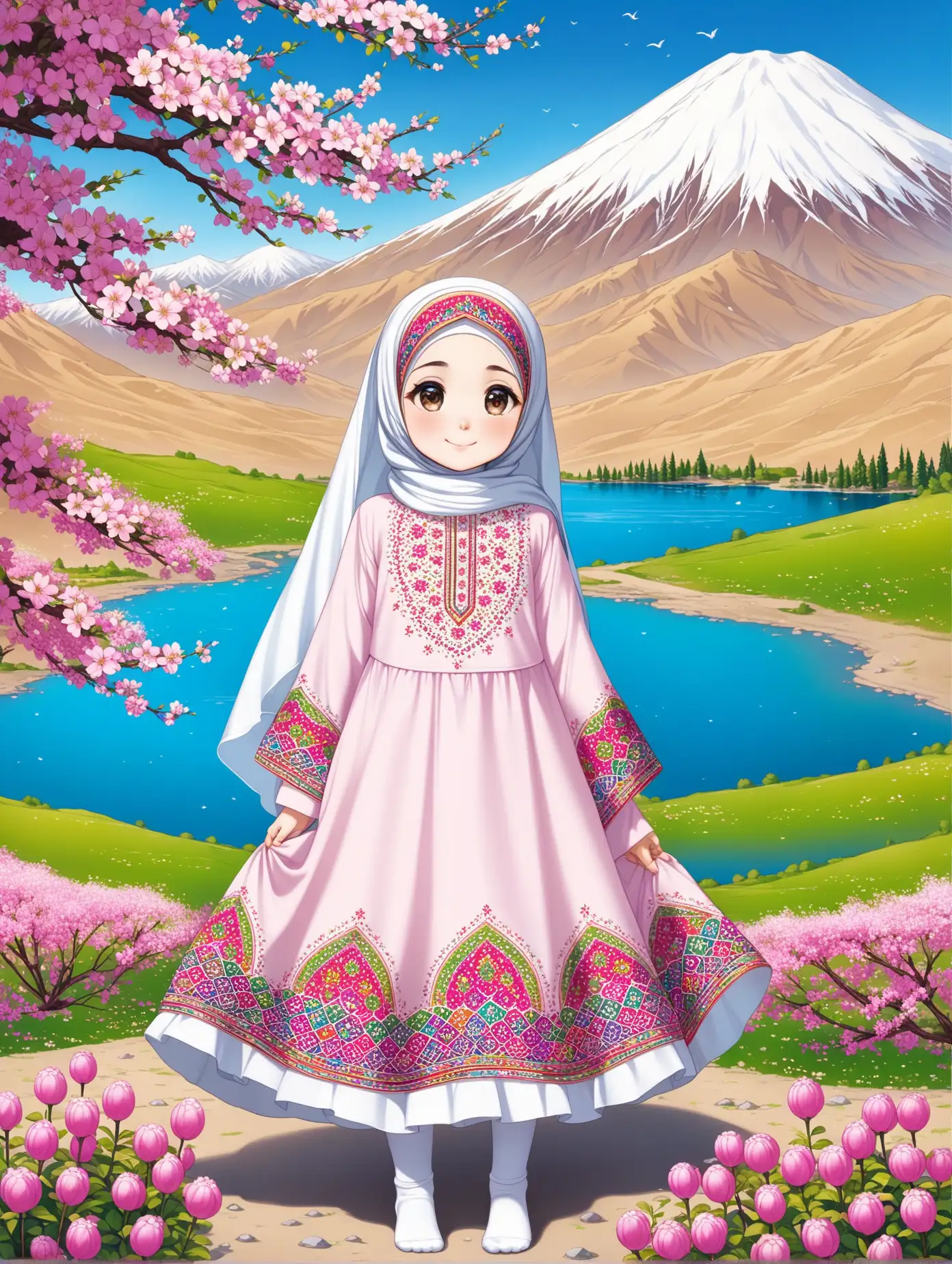 Persian little girl(full height, Muslim, with emphasis no hair nor neck out of veil(Hijab), small eyes, bigger nose, white skin, cute, smiling, wearing socks, clothes full of Persian designs).
Atmosphere Damavand mountain, proudly, pink flowers, lake, spring.