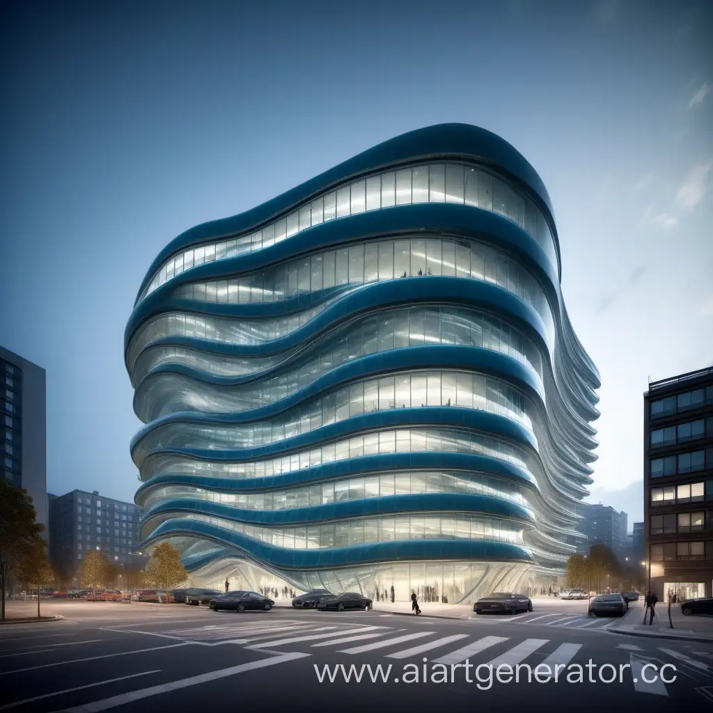 Urban-Building-with-WaveShaped-Glazing-Parking-and-Artificial-Lighting