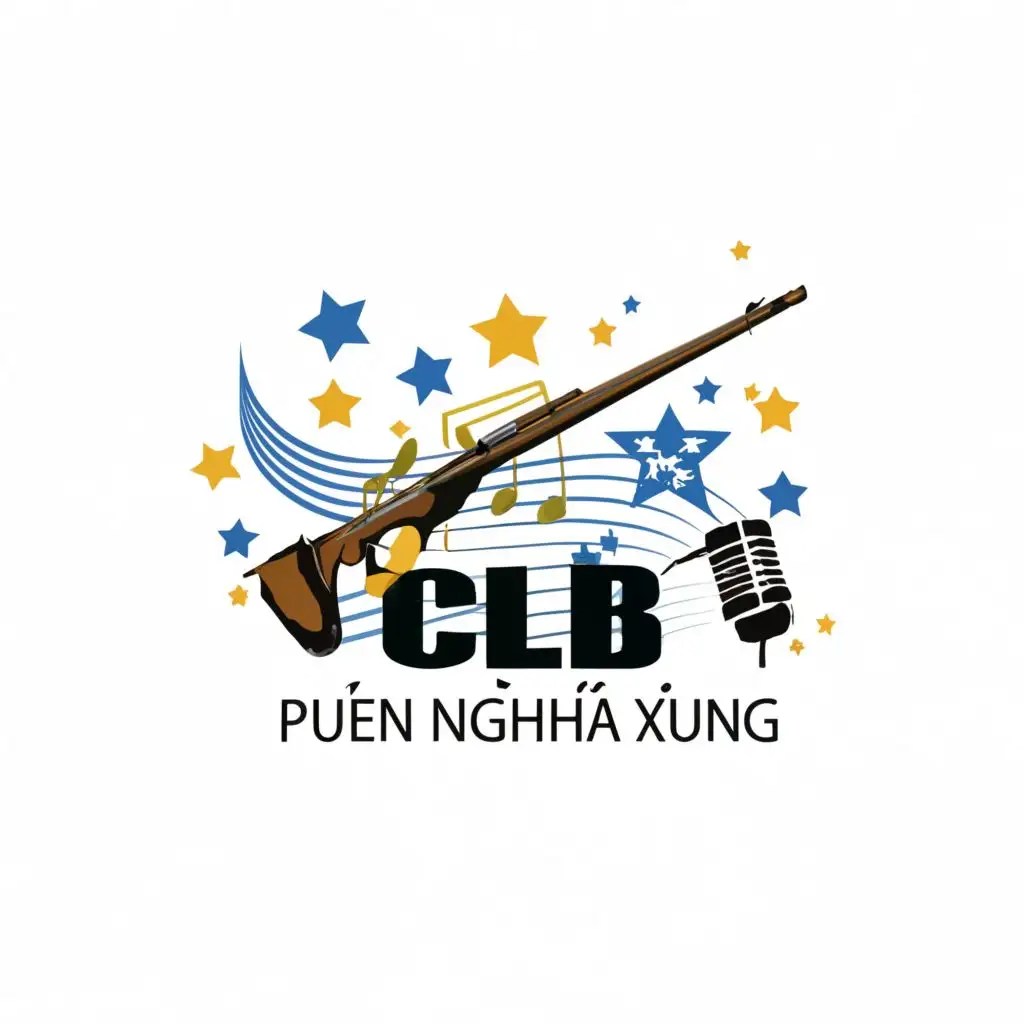 logo, music notes, rifle, stars, micro, with the text "CLB VĂN NGHỆ XUNG", typography, to be used in the Education industry