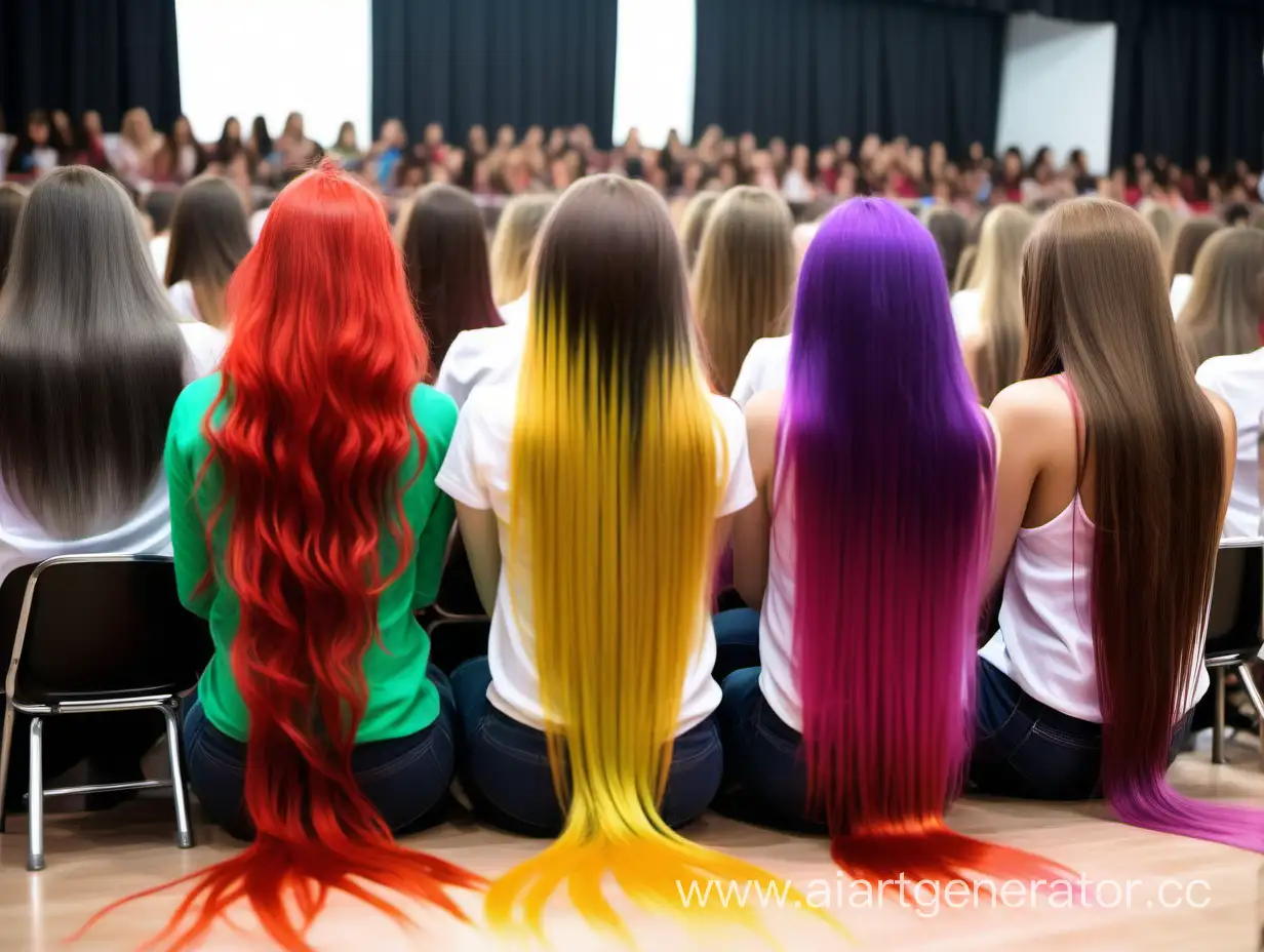 Девушки с длинным волосами, волосы лежат на полу, девушки сидят на высоких стульях, они сидят спиной к зрителю, волосы девушек окрашены ядовитыми цветами создавая плавный переход 