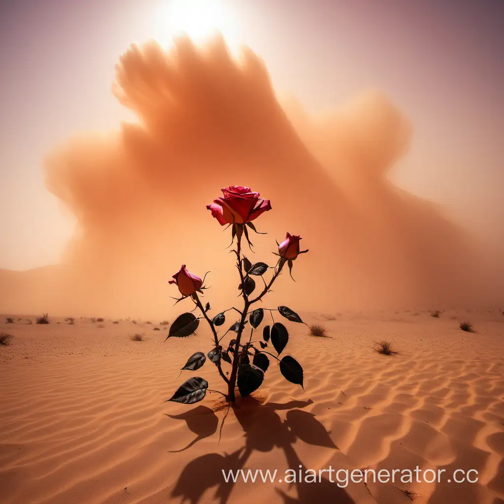 Glowing rose in the desert, sandstorm, camels