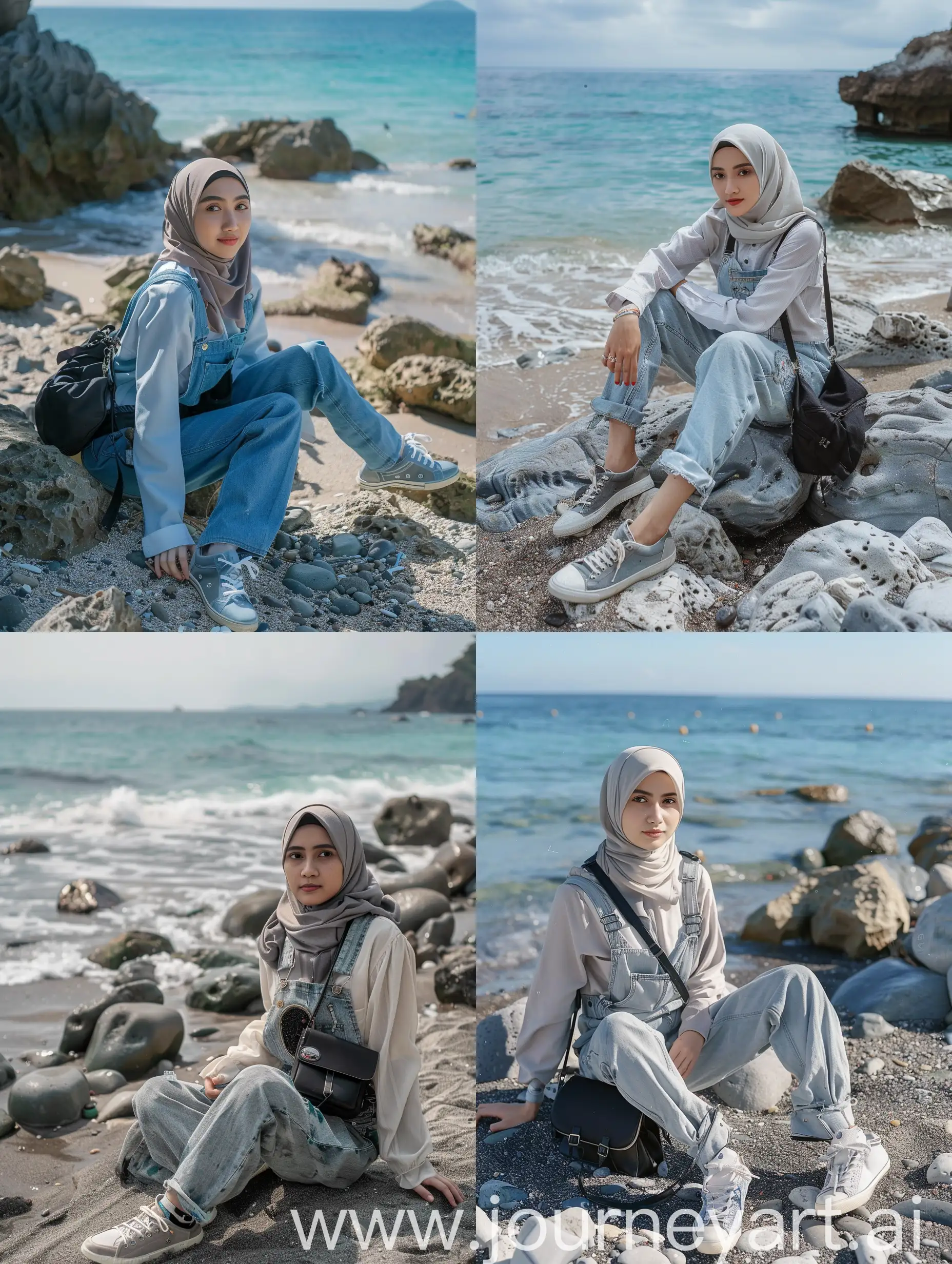 photo portrait of a 30 year old Indonesian hijab girl, on a beautiful beach, wearing overalls and a small black bag, sneakers, sitting on the rocks on the beach, very detailed, Leica camera, original photo
