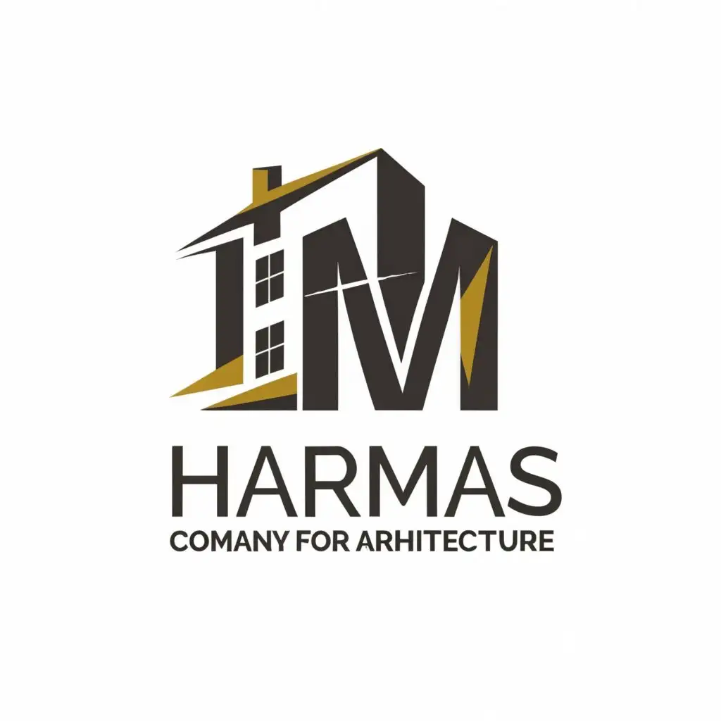 logo, HM letters with home shape, with the text "Harmas company for architecture", typography, be used in Construction industry