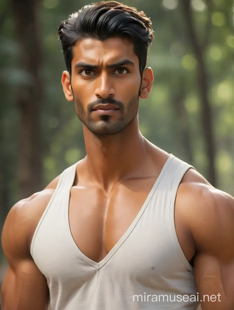 Tall and handsome muscular Indian men with beautiful hairstyle and attractive eyes with big wide shoulder and chest with white skin 