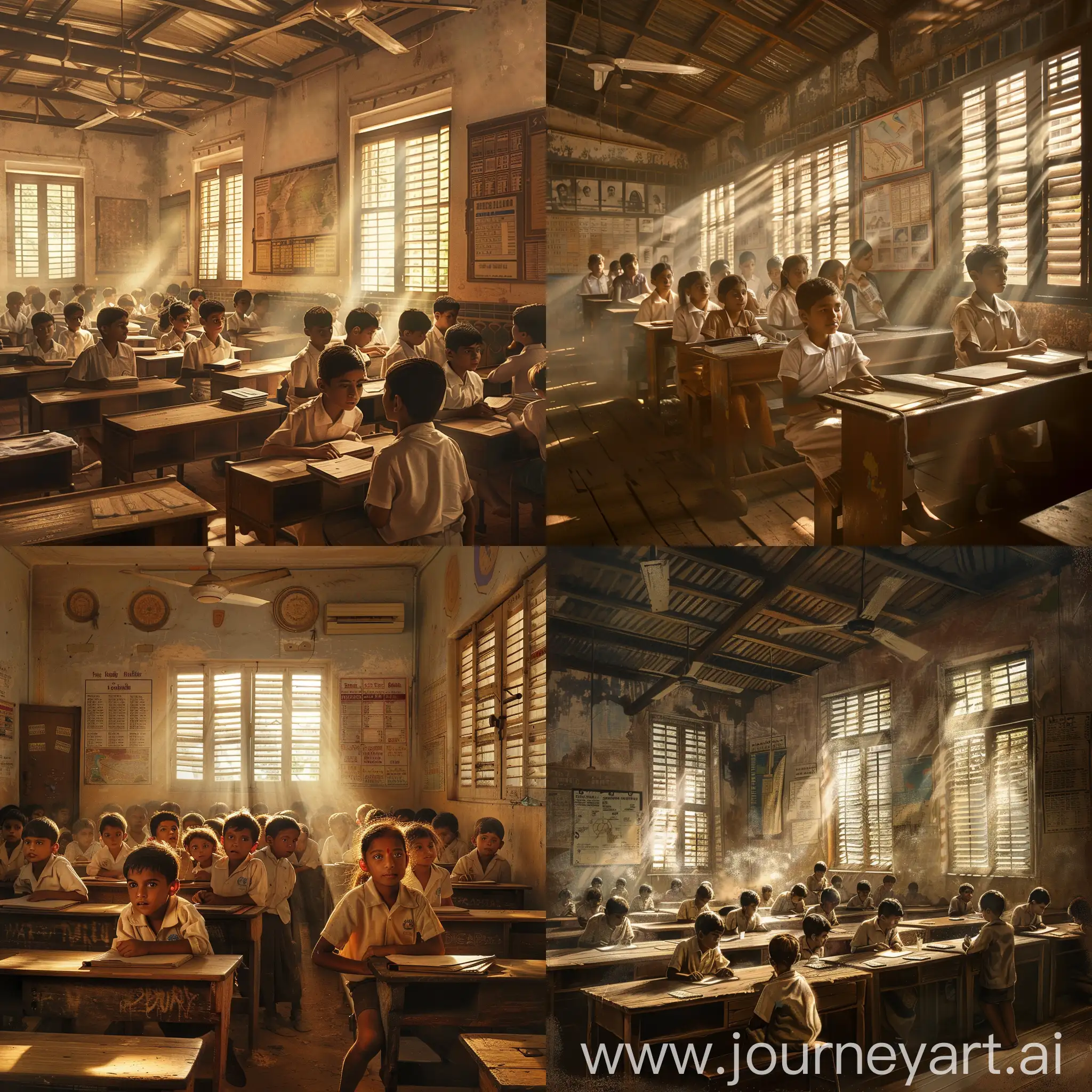 Capture the essence of a bygone era in a vintage Kerala school classroom teeming with students. Transport viewers to a time when wooden desks held weathered textbooks, and chalk dust danced in the air. Envision the walls adorned with educational charts and maps, showcasing a nostalgic blend of tradition and learning. Render the subtle play of sunlight filtering through louvered windows onto eager faces, hinting at a simpler yet vibrant academic setting. Evoke the spirit of communal education and cultural richness, inviting observers to immerse themselves in the charm of a timeless Kerala classroom frozen in the sepia tones of yesteryears.