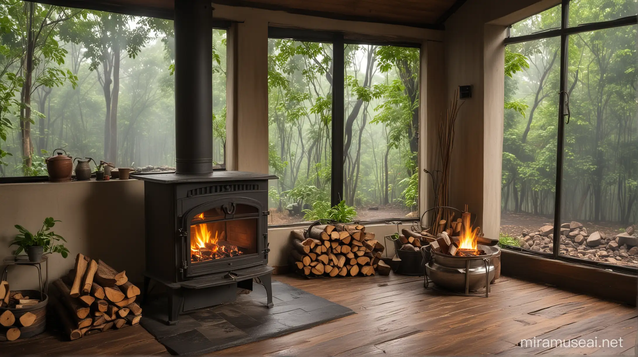 Cozy Cabin with Wooden Stove in Forest Ambiance