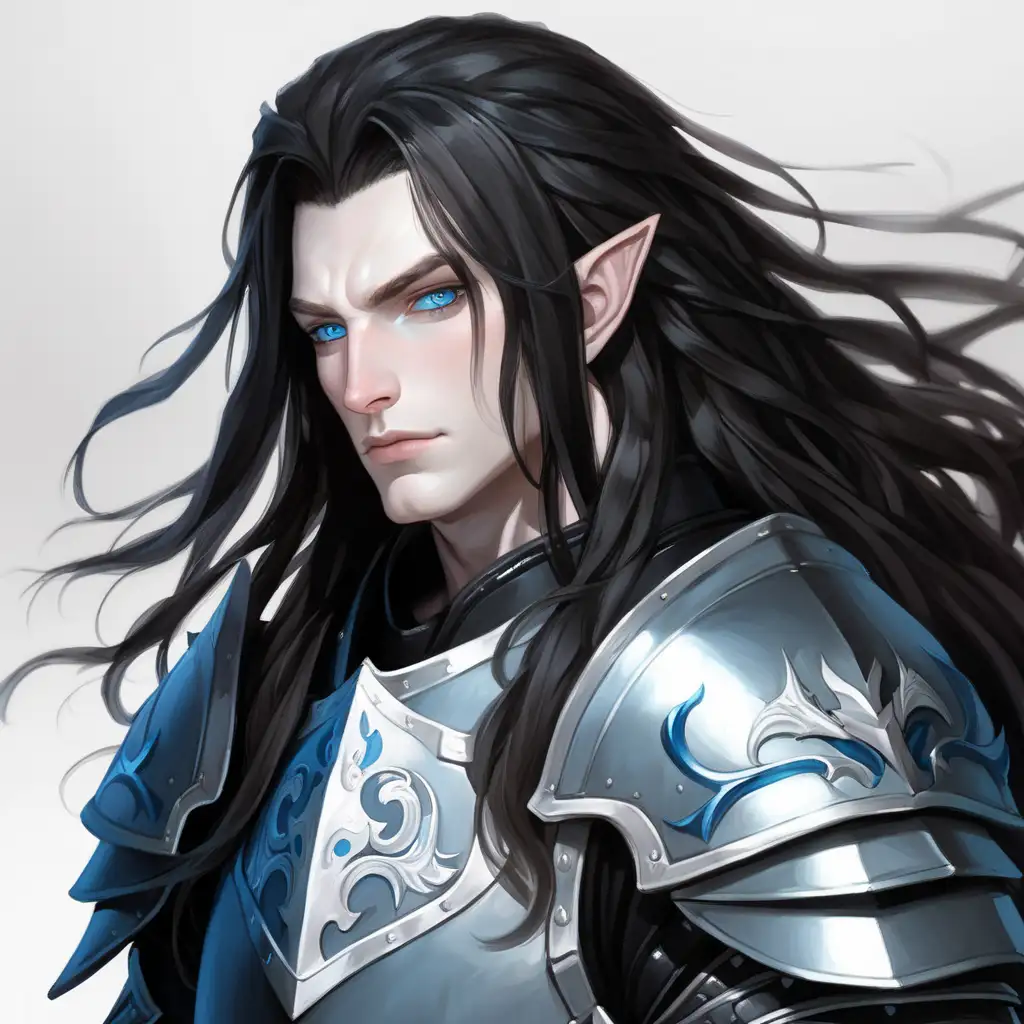 A human male fighter. Pale skin. Black armor. Long wavy hair. Blue eyes