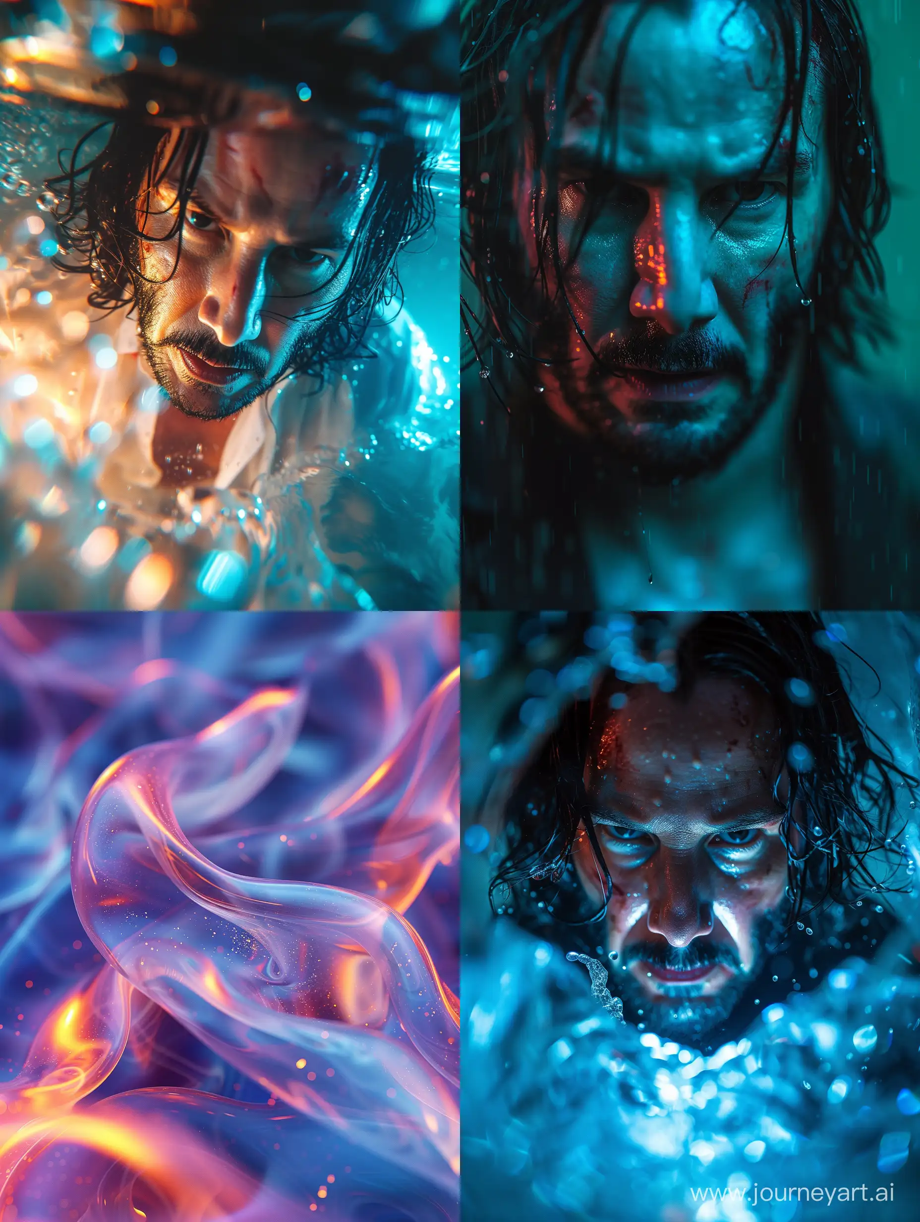 Very very extreme absurde fantastic a john wick ,extreme closeup with fisheye ,dynamic blue light neon effect camera angle dramatic ,colorful ,fashion shoot ,highly detailed --ar 3:4 --style raw --stylize 500 --v 6