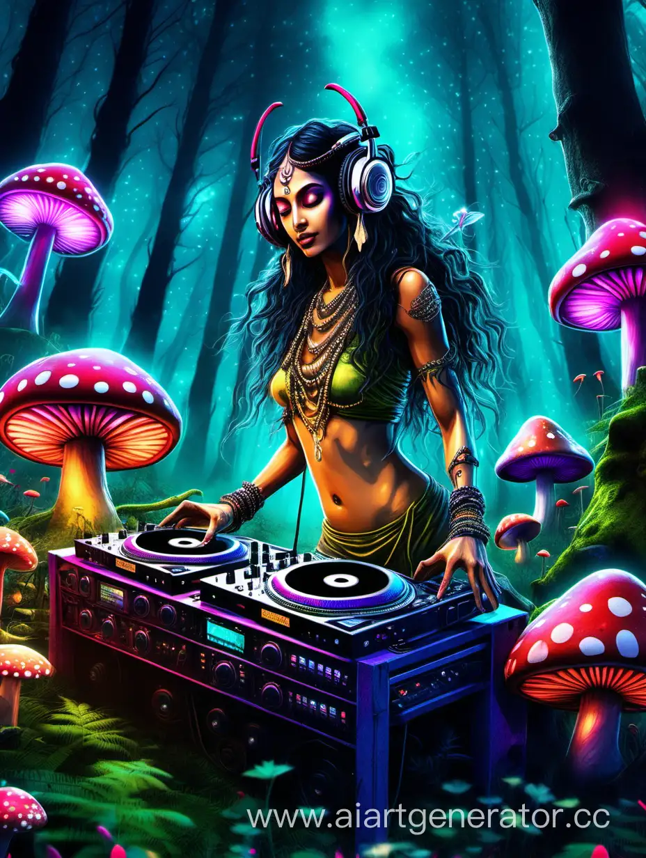 Shiva-DJing-Amidst-NeonLit-Forest-with-Toadstool-Mushrooms-and-Fairies