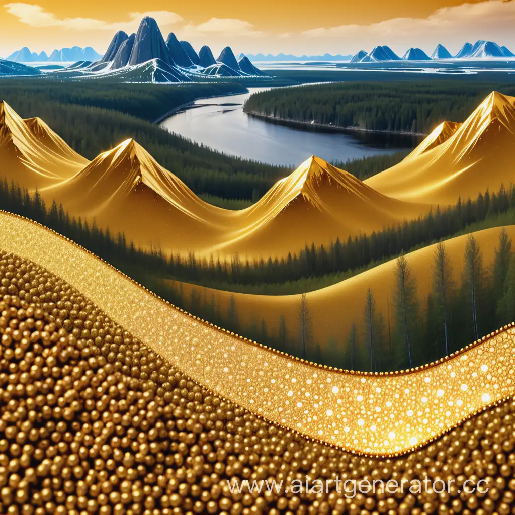  на золотом фоне, горы Карелии из алмазов золотых и зерен гороха золотого