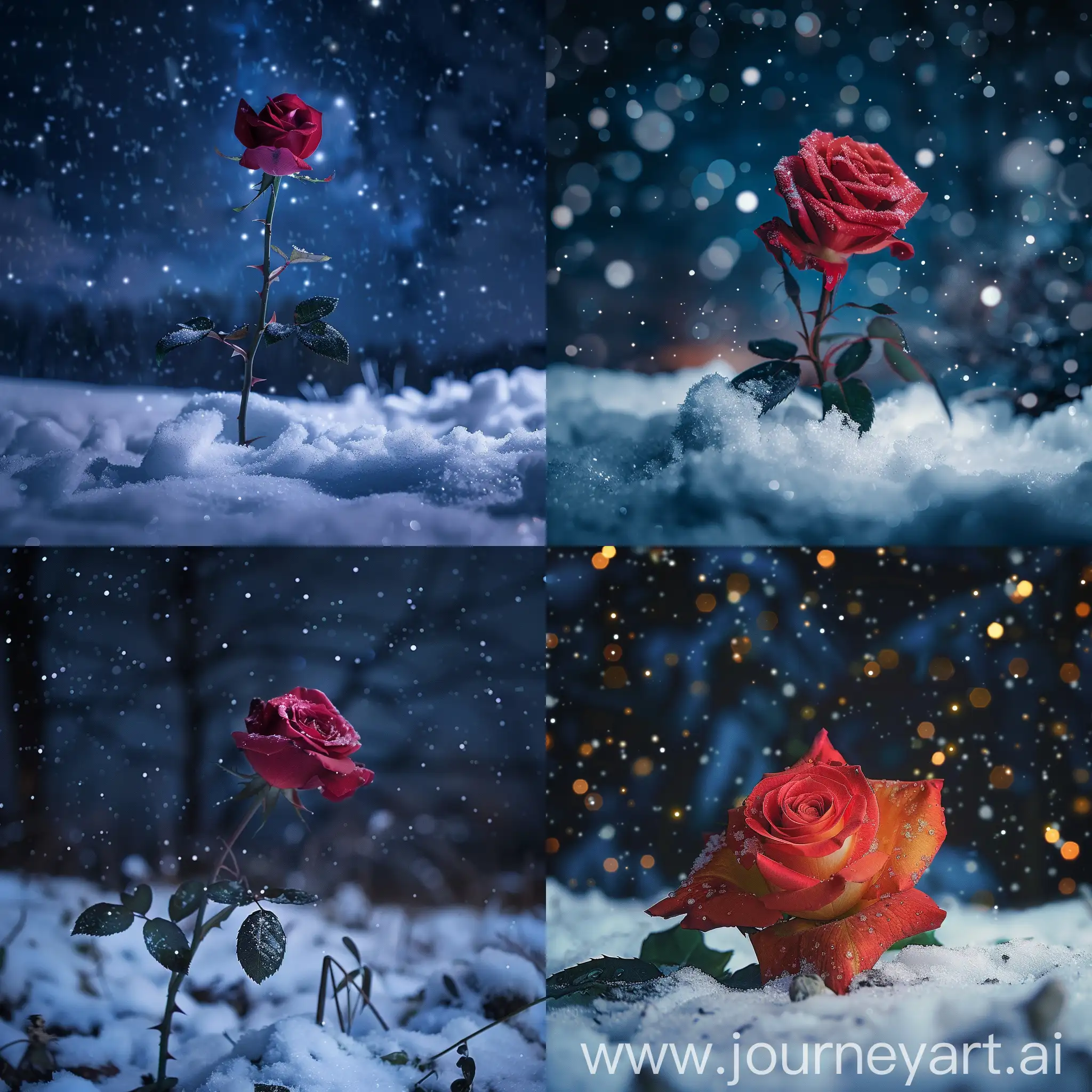 night, winter, rose, snow, stars
