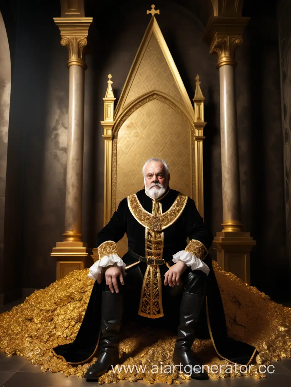 Старый средневековый барон, сидит на горе из золота в помещении выполненном в стиле итальянской готики