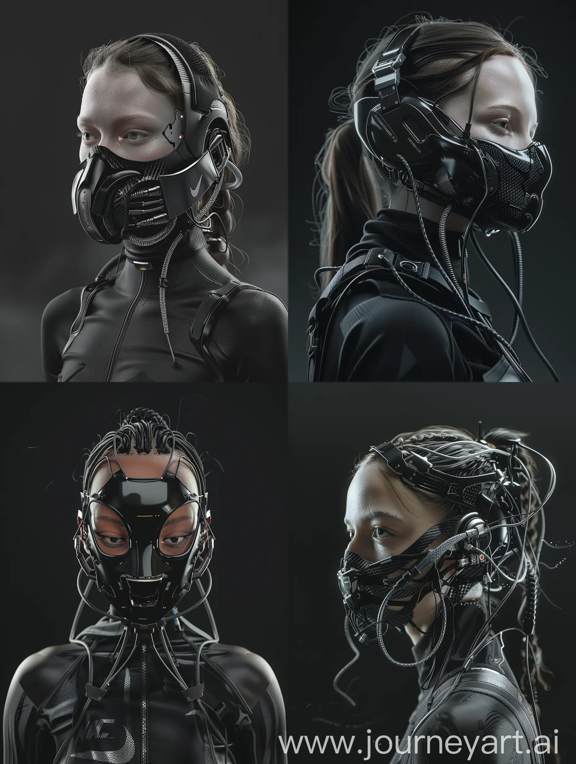 Against a sleek black backdrop, behold a mesmerizing character adorned with a cybernetic mouth-covering mask. It seamlessly blends cutting-edge technology with intricate details, boasting carbon fiber textures, sleek aluminum accents, and wires. Symbolizing the delicate balance between humanity and machine, her appearance embodies the essence of a futuristic cyberpunk aesthetic, enhanced with Nike-inspired add-ons. With dynamic movements reminiscent of action film sequences and cinematic haze, her presence captivates with its irresistible allure.--v1