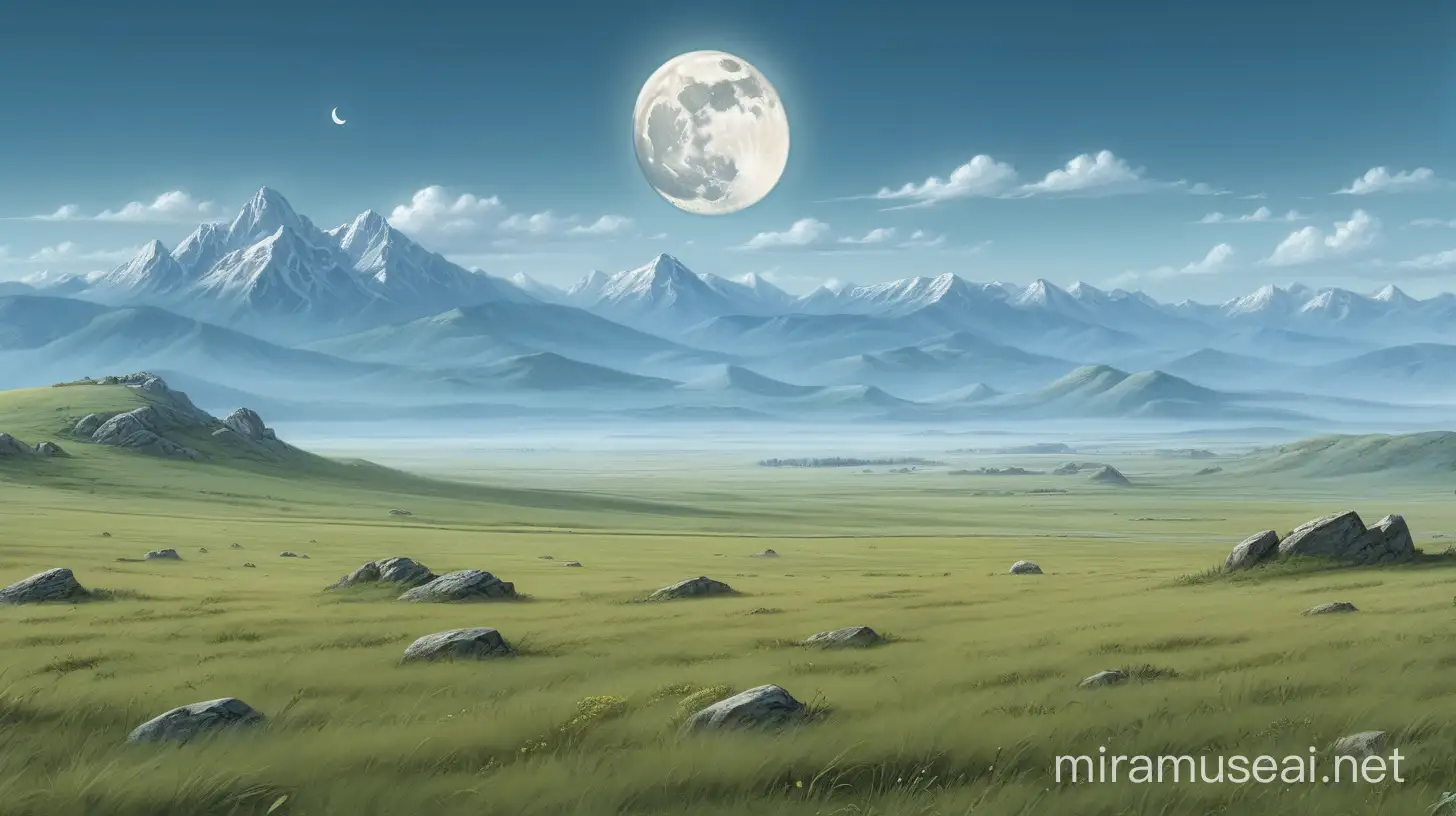 一望无垠的草原，远处是连绵的层层叠叠的群山，白天，巨大的若隐若现的月亮悬挂在群山后方，中世纪魔幻，冒险家小队
