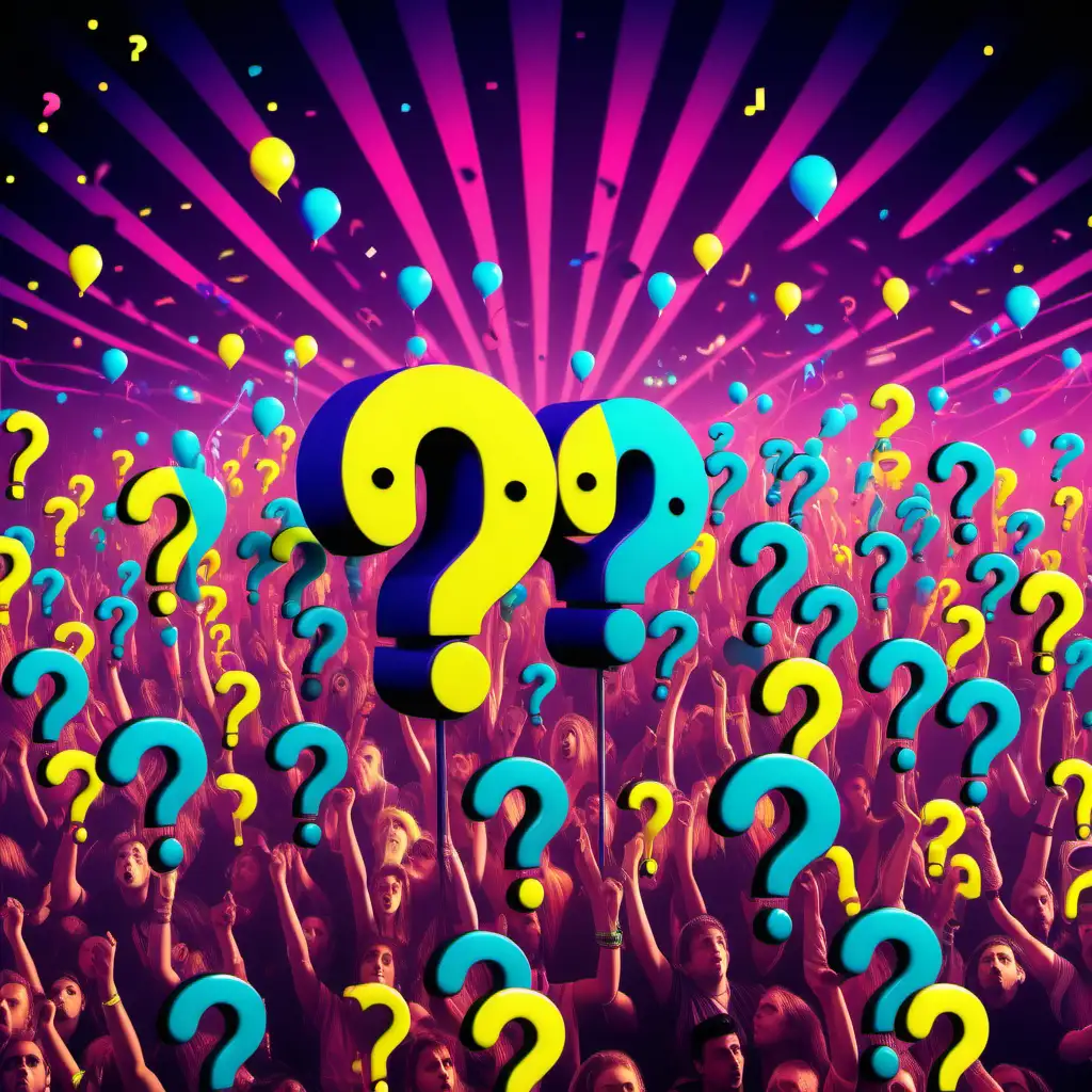 Vibrant 90s Rave Themed Image with Mysterious Question Marks